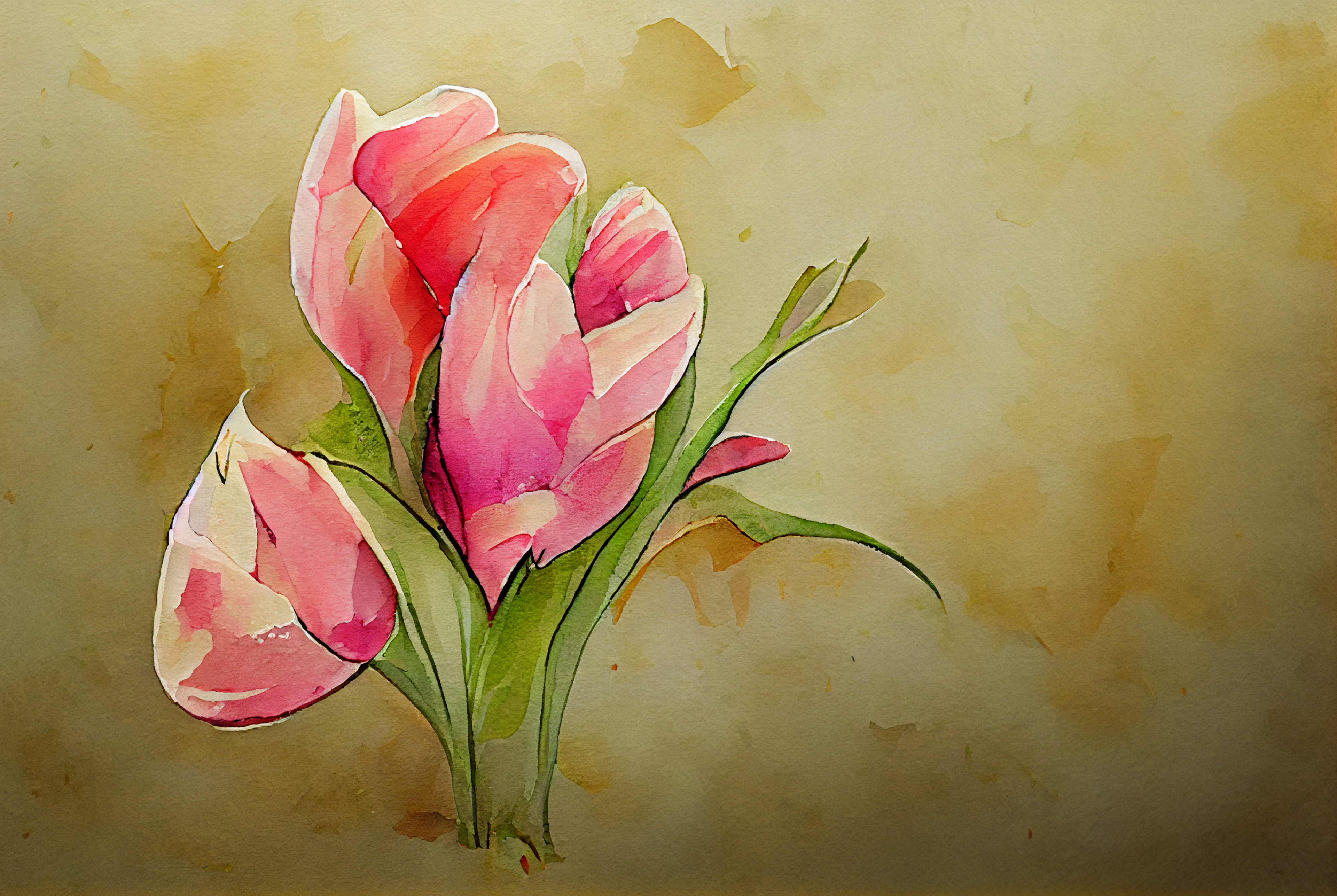 Watercolor Tulip Flower on Gold Background