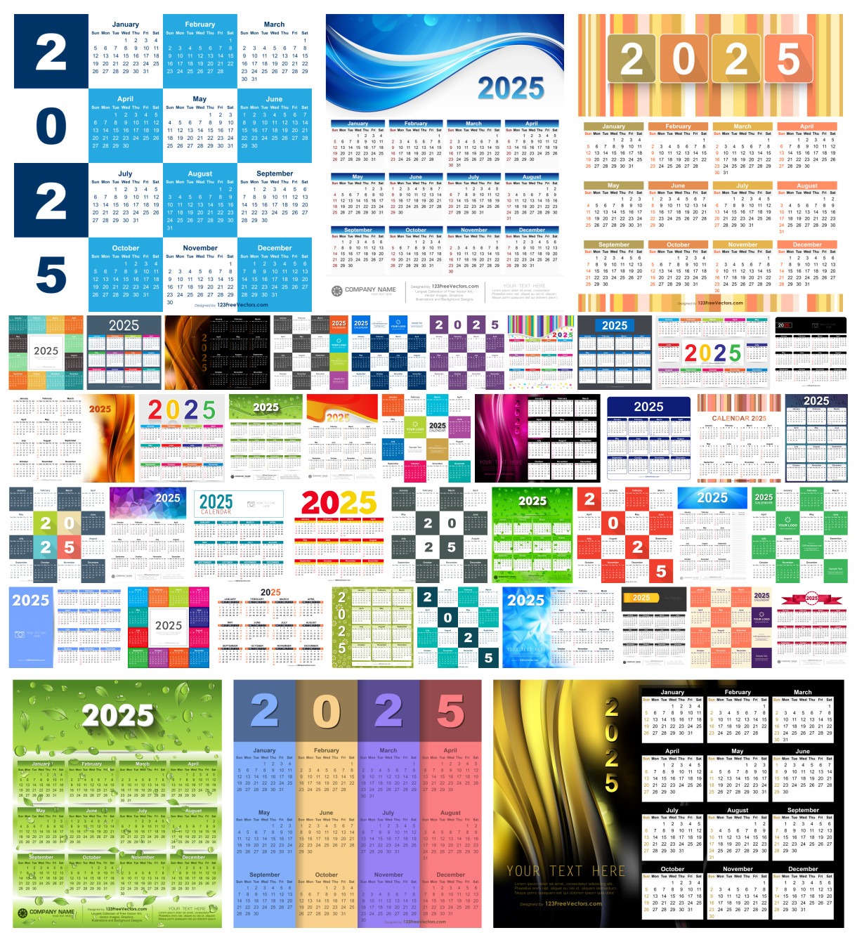 Free Download: 55 Colorful 2025 Calendar Designs in Vector & PDF Formats
