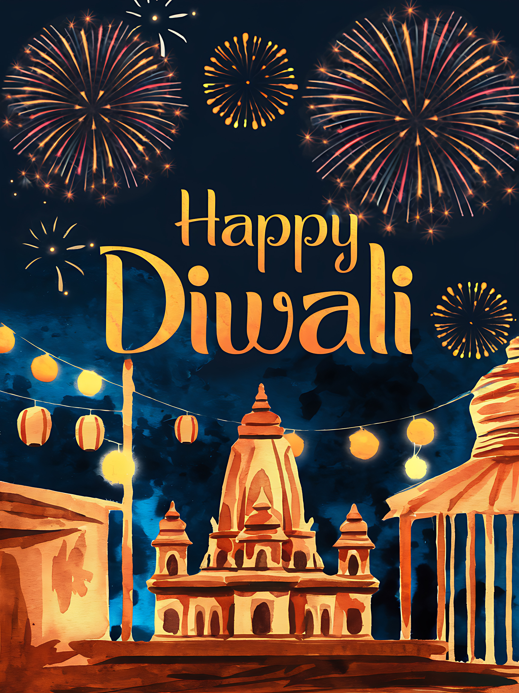 Happy Diwali Greeting Card with Fireworks and Temple