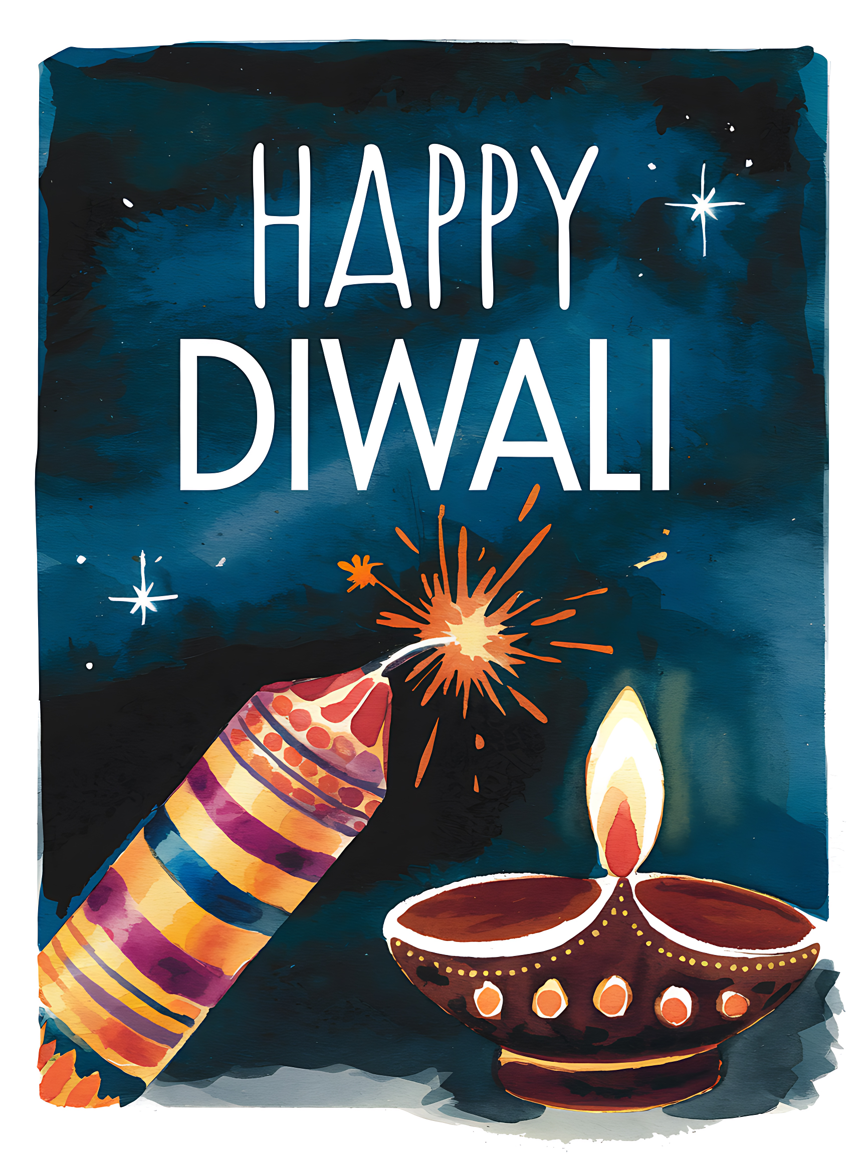 Happy Diwali Greeting Card with Diya and Fireworks