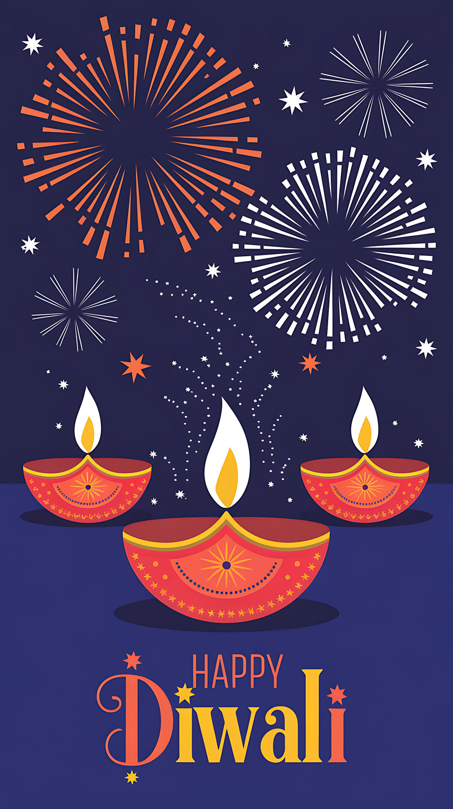 Flat Style Diwali Greeting Card with Diyas and Fireworks