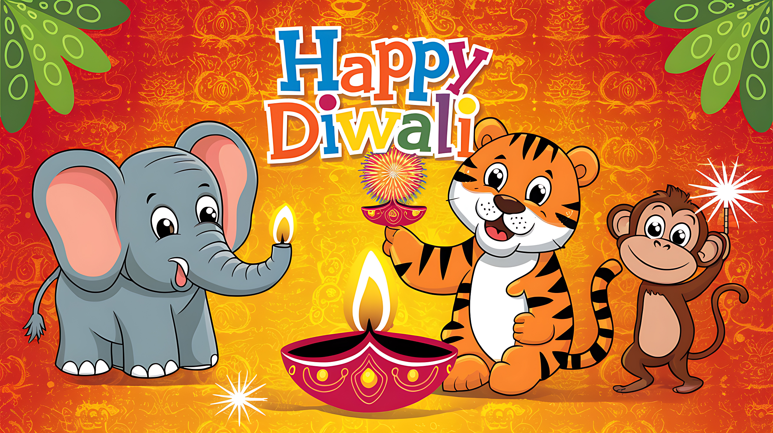 Cartoon Jungle Animals Celebrating Diwali