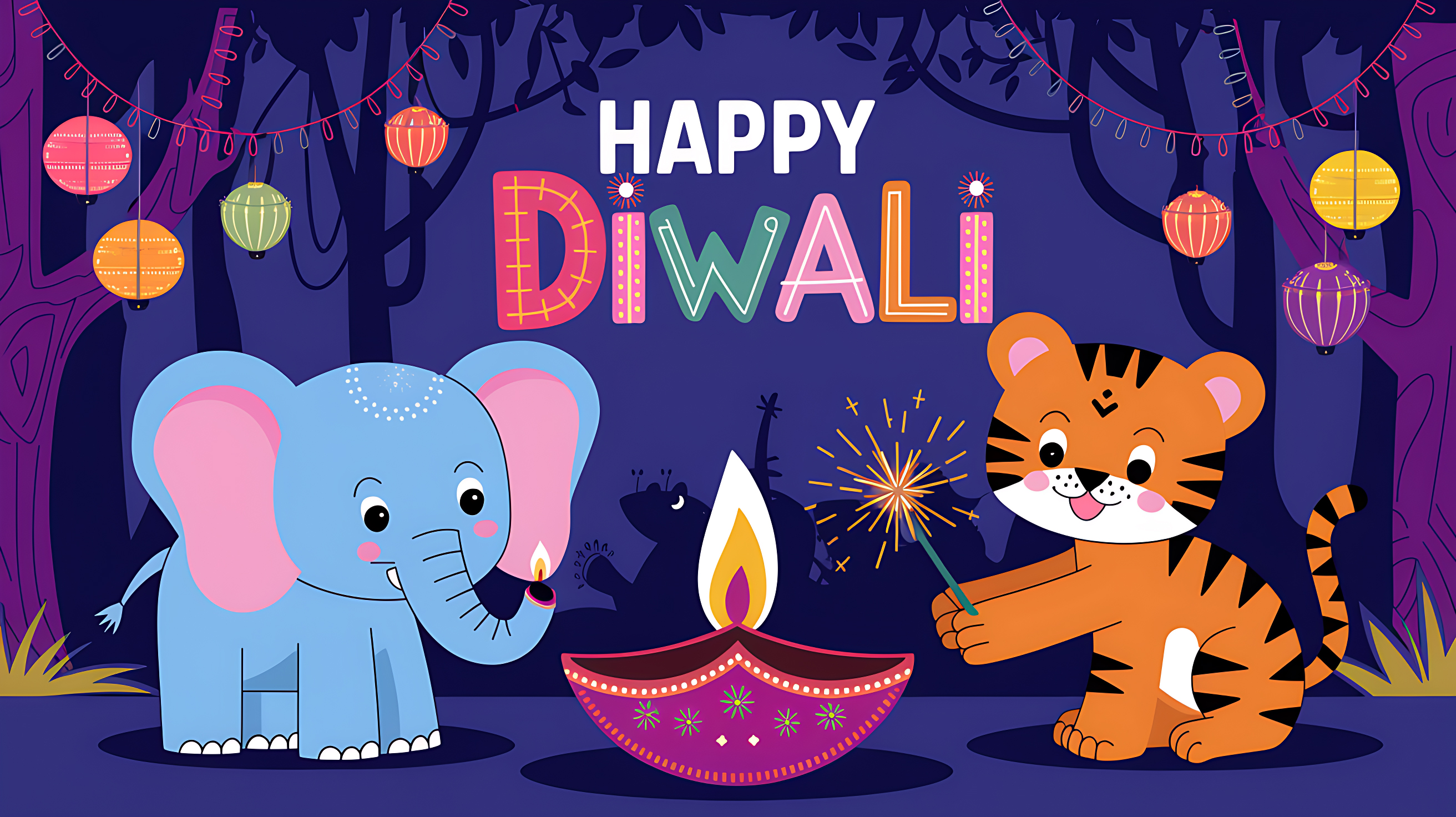 Cartoon Jungle Animals Celebrating Diwali