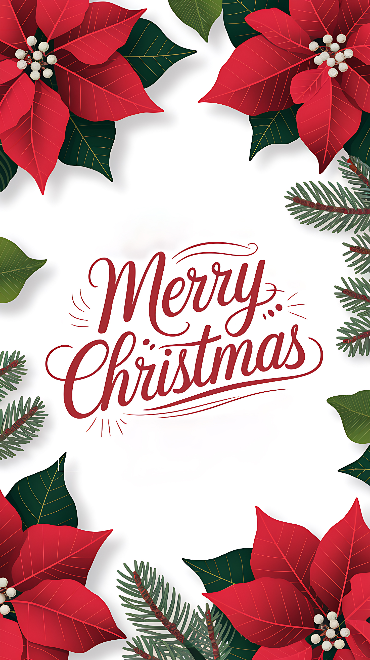 Christmas Card with Poinsettias and Pine Branches