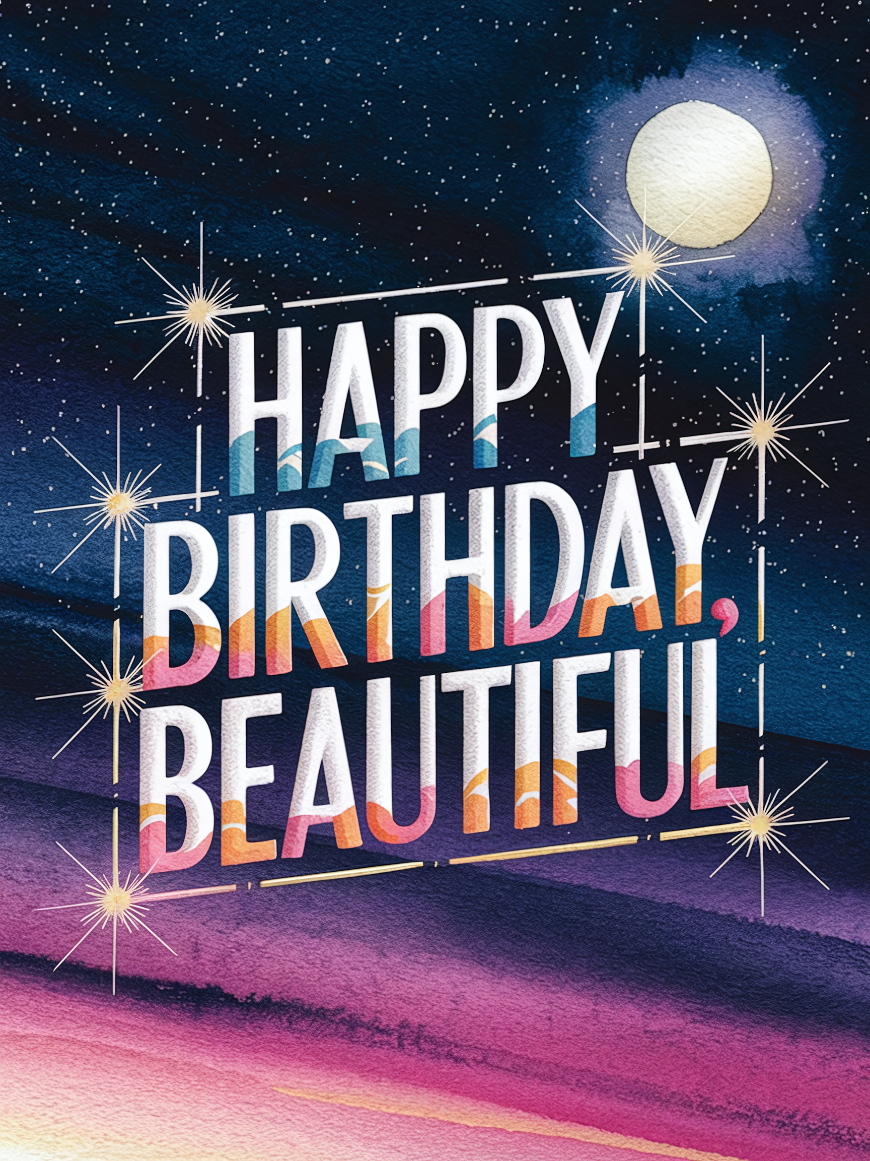 Watercolor Happy Birthday Night Sky Greeting Card