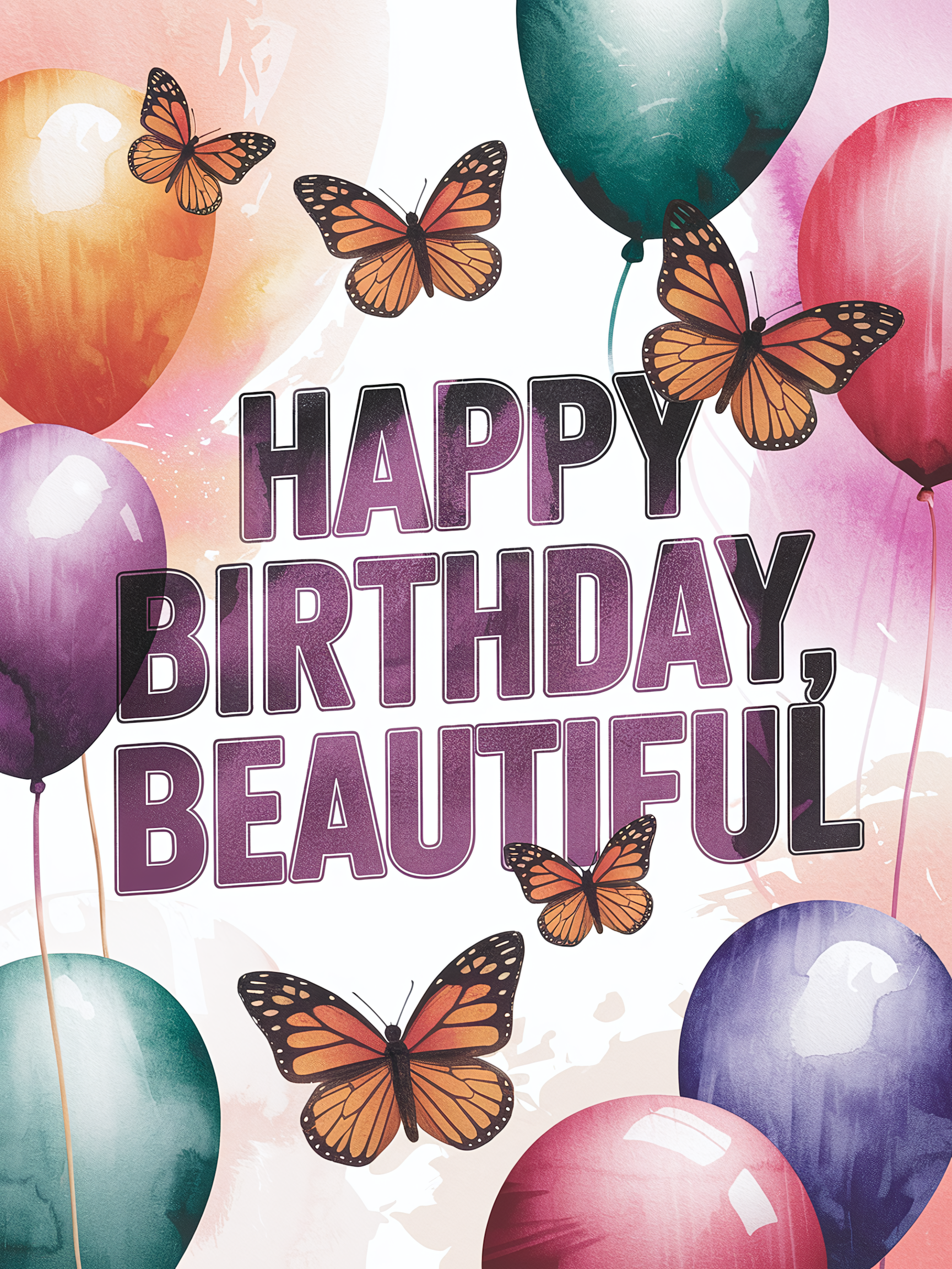 Watercolor Birthday Card with Butterflies and Balloons