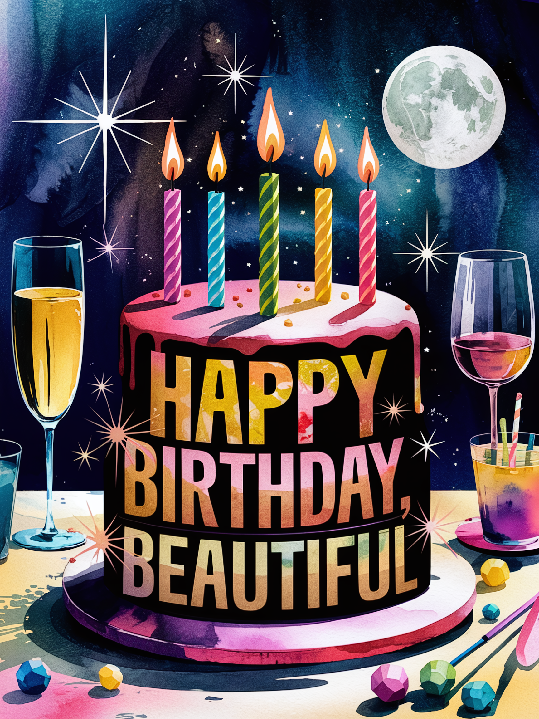 Happy Birthday Beautiful Watercolor Illustration