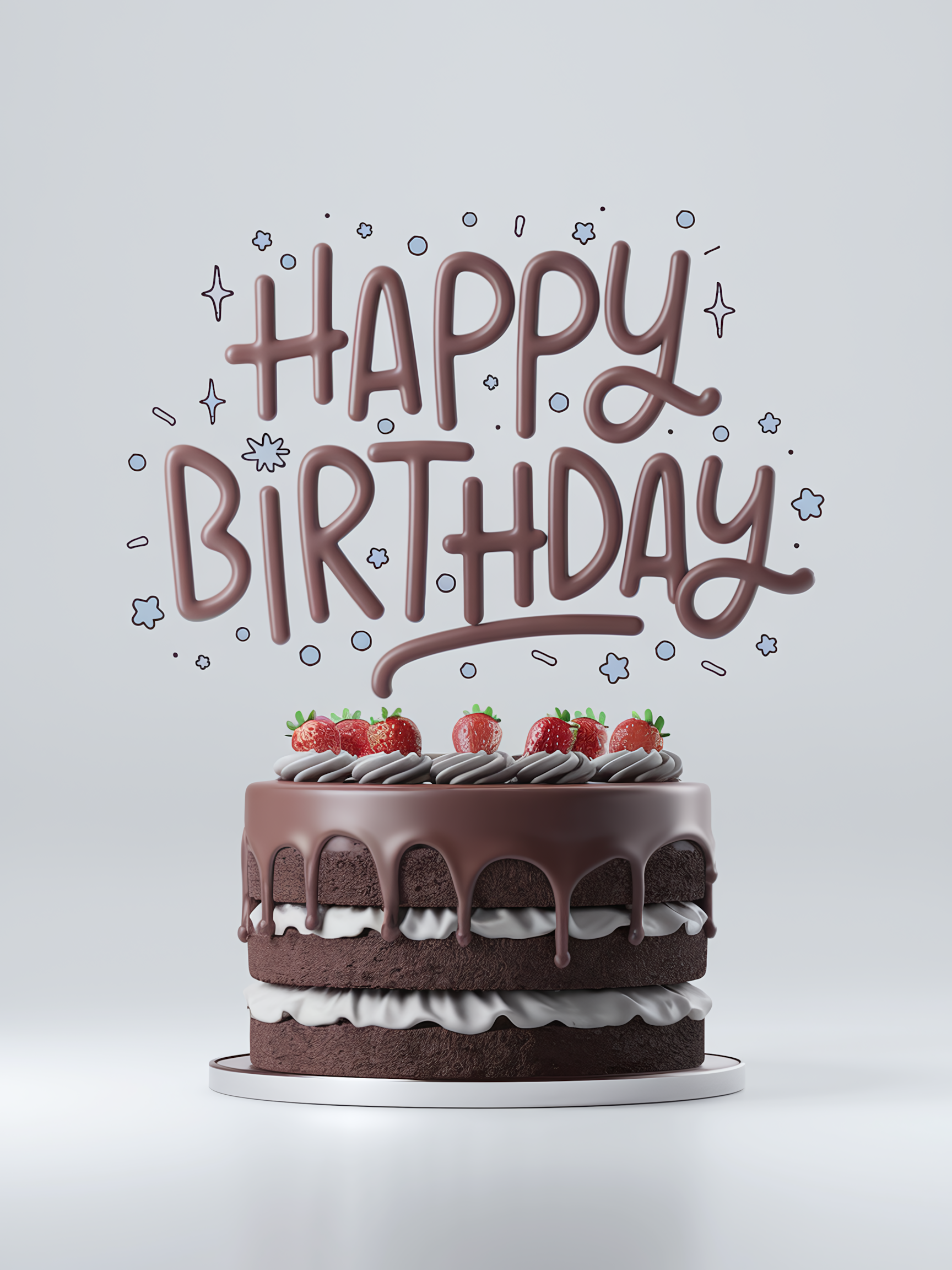 3D Rendered Chocolate Birthday Cake with Strawberries