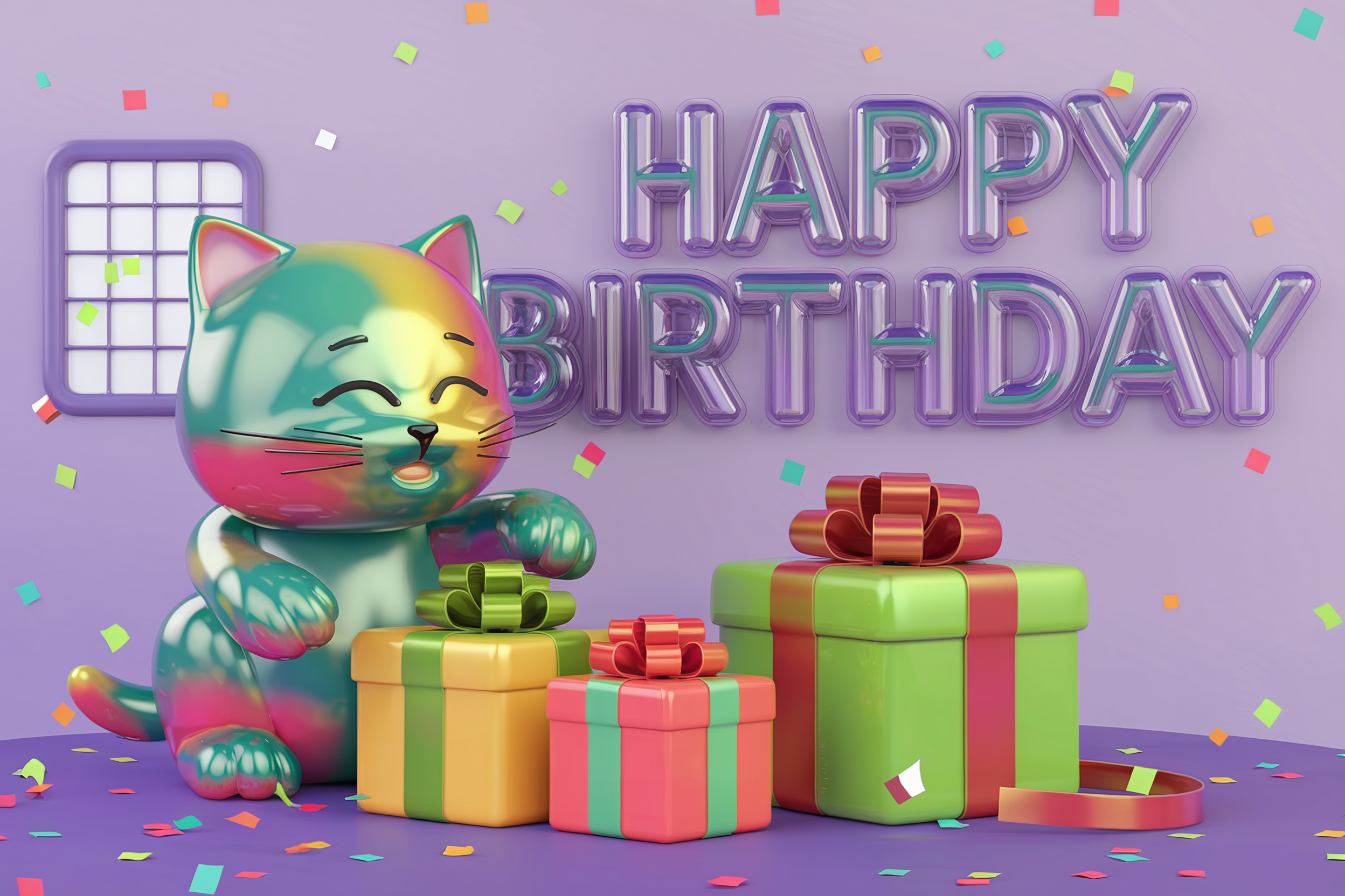 Happy Birthday Cat 3D Illustration