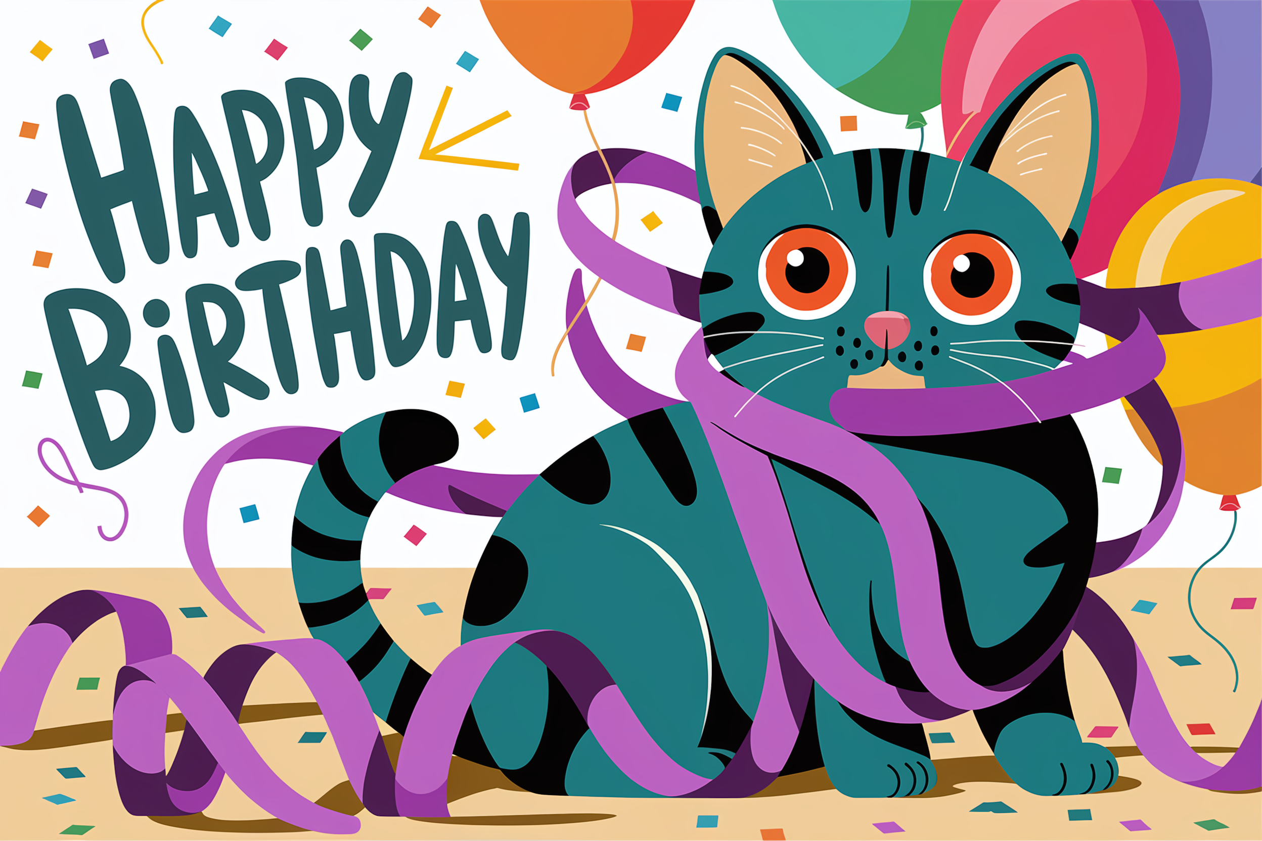 Happy Birthday Cat with Confetti and Balloons