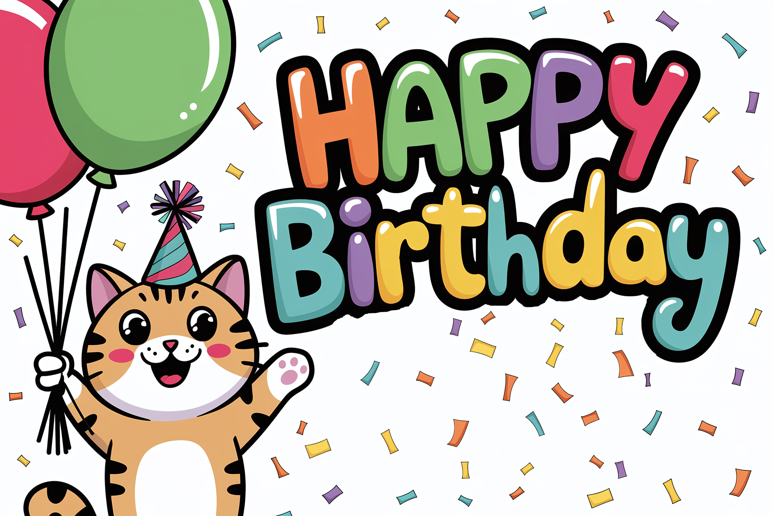 Cute Cat Holding Balloons Says Happy Birthday