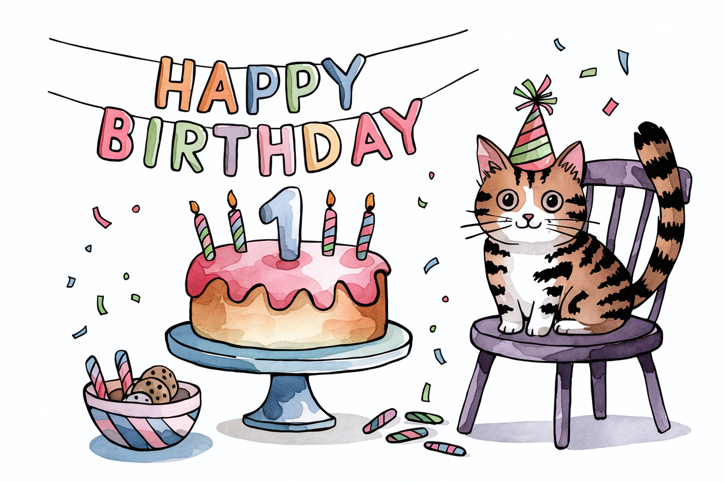 Watercolor Cat First Birthday Illustration