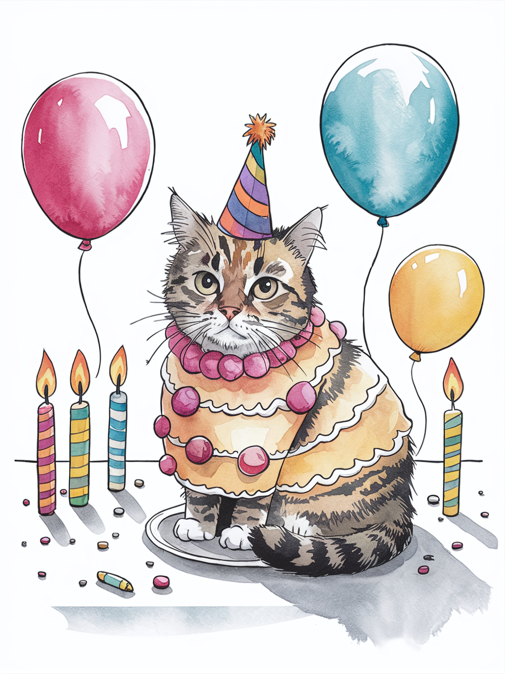Watercolor Cat Birthday Cake Illustration