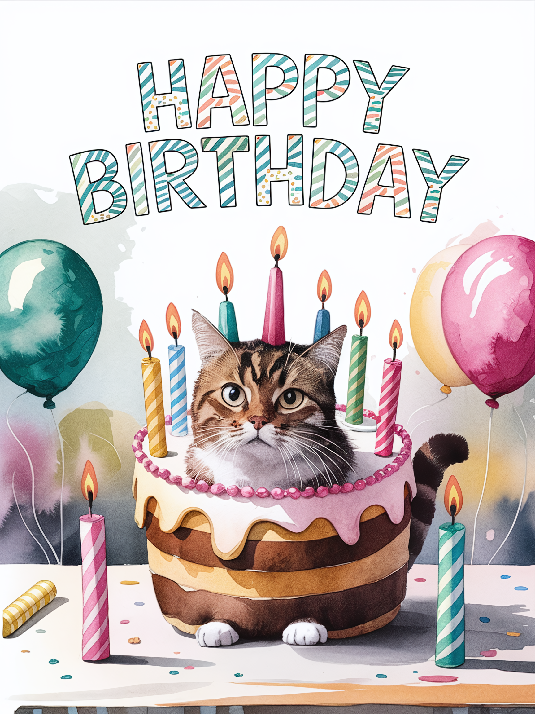Happy Birthday Cat Watercolor Illustration