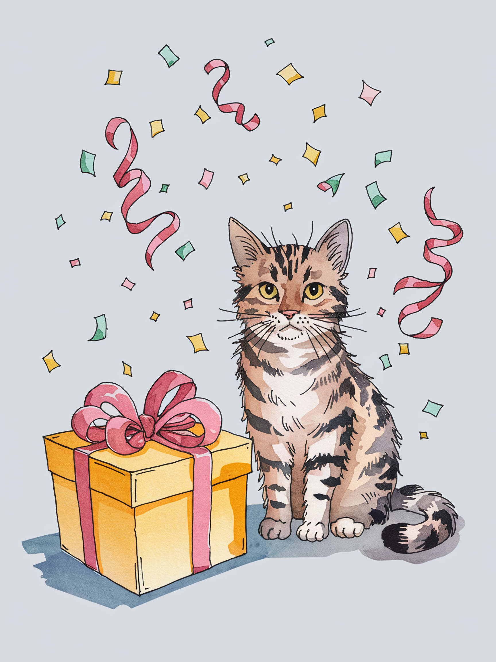 Watercolor Illustration of a Cat with a Gift for a Birthday