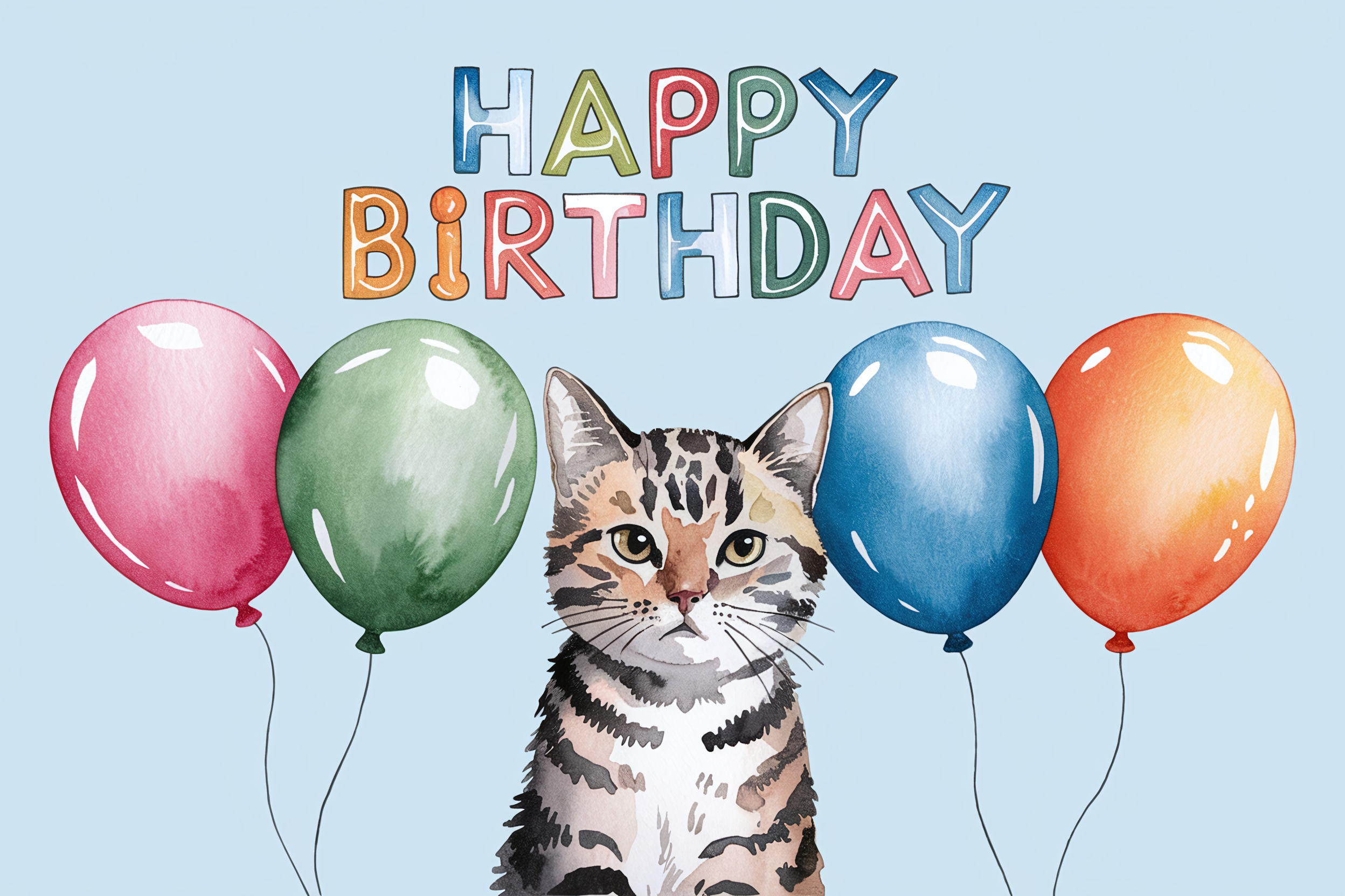 Watercolor Cat Birthday Card with Balloons