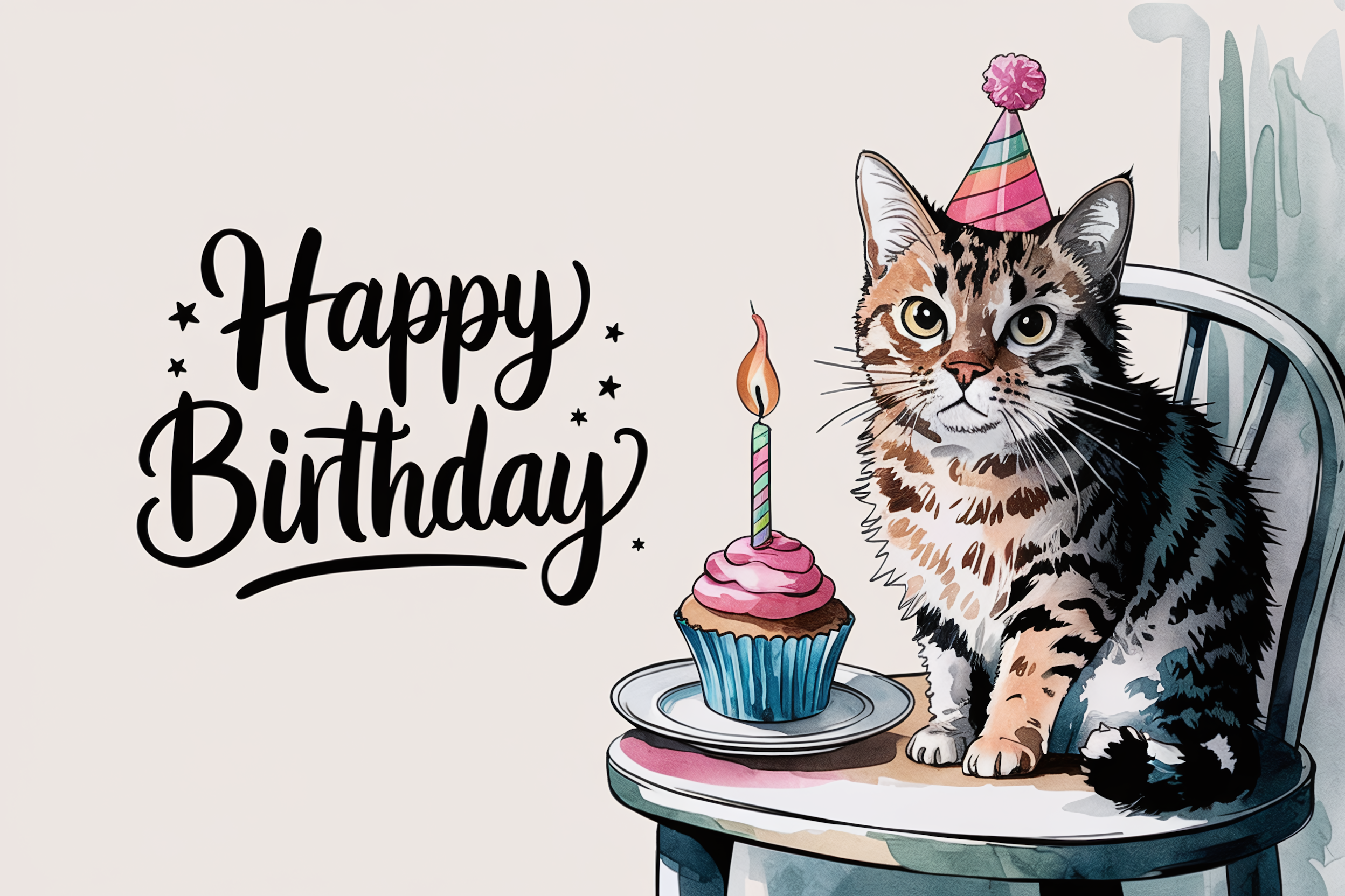 Happy Birthday Cat Watercolor Illustration