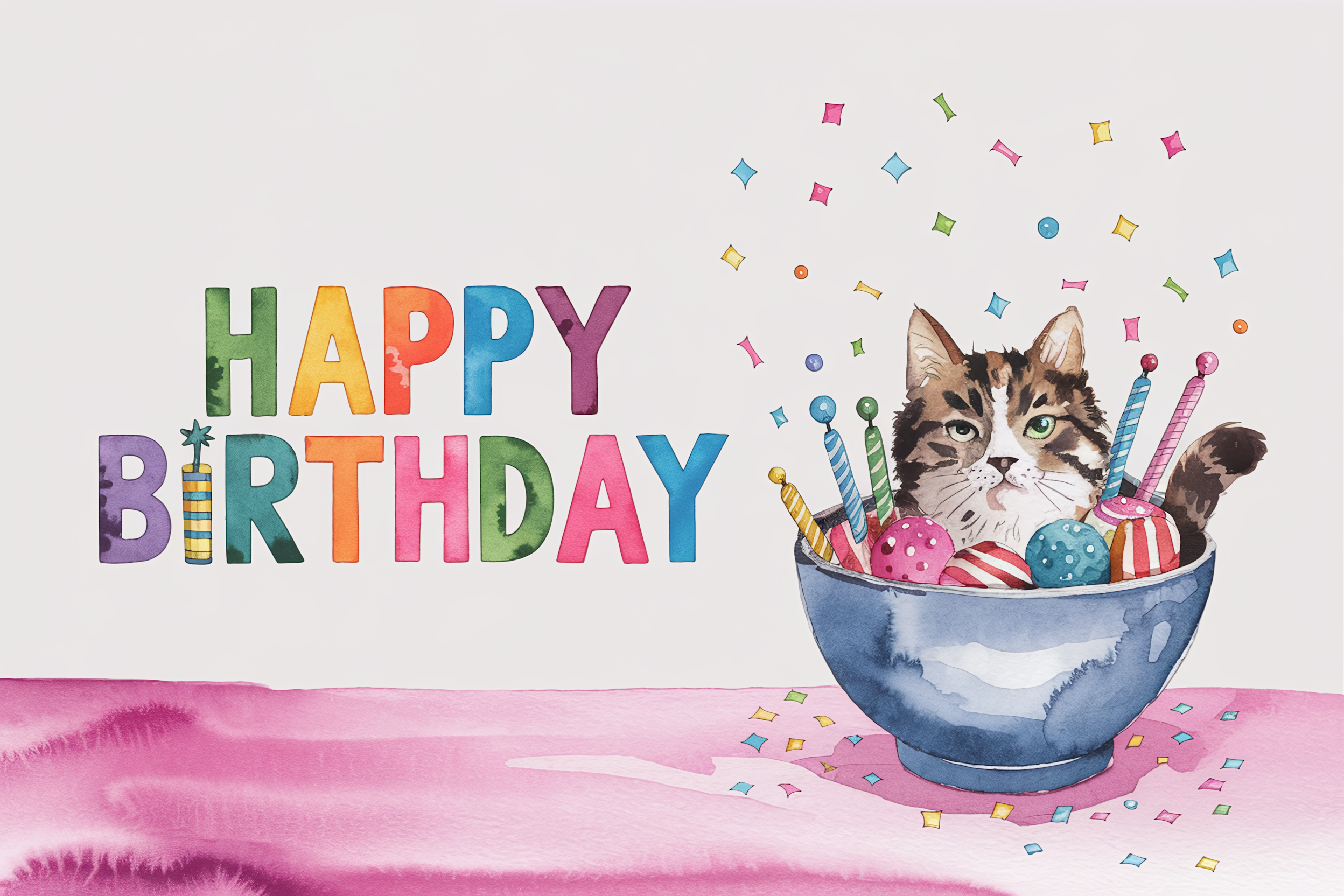 Watercolor Cat Birthday Card