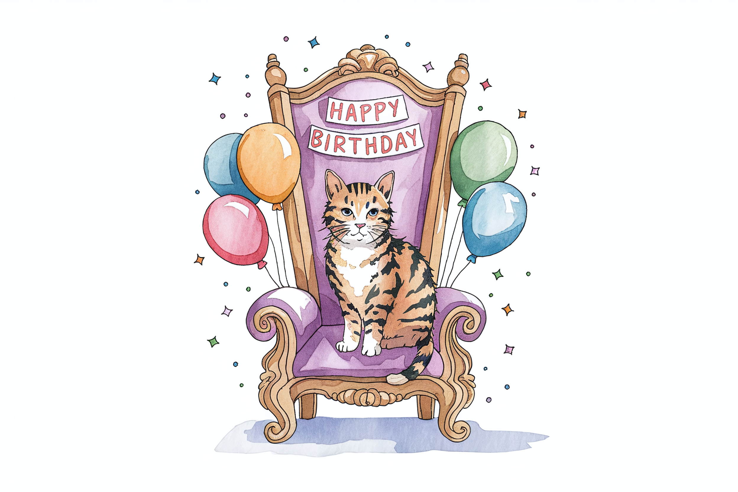 Watercolor Cat Birthday Throne Illustration
