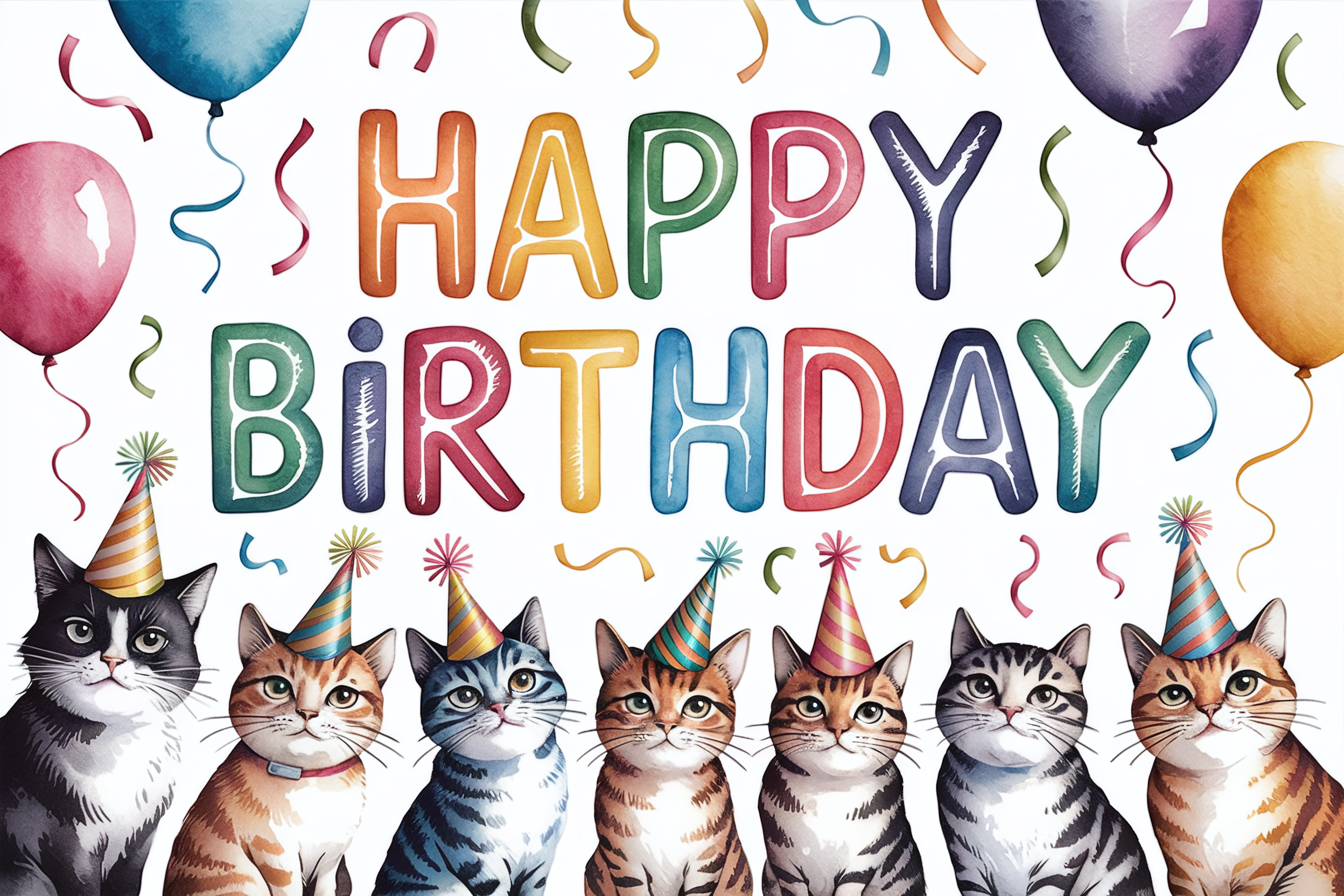 Watercolor Cat Birthday Card