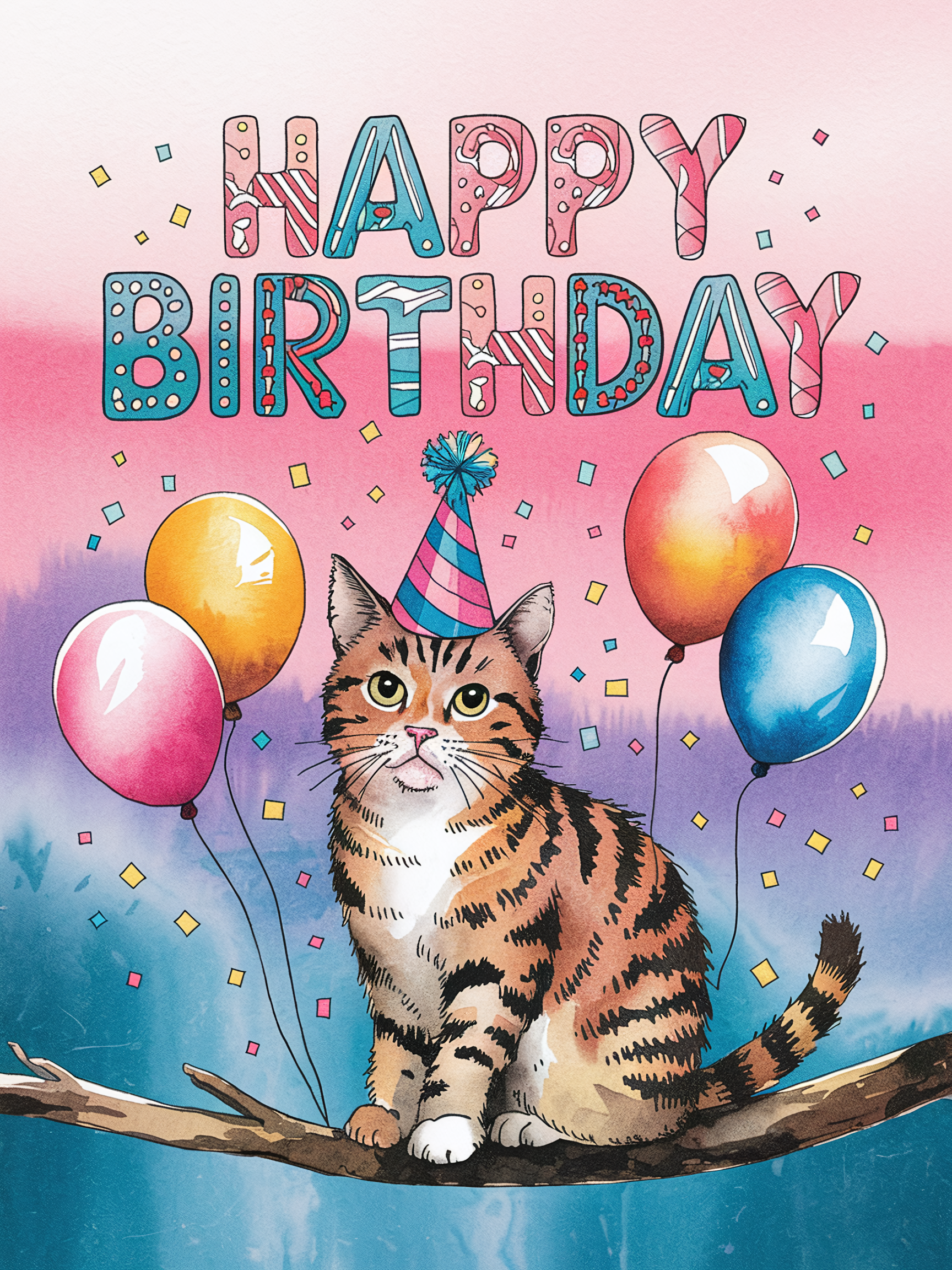 Watercolor Happy Birthday Cat