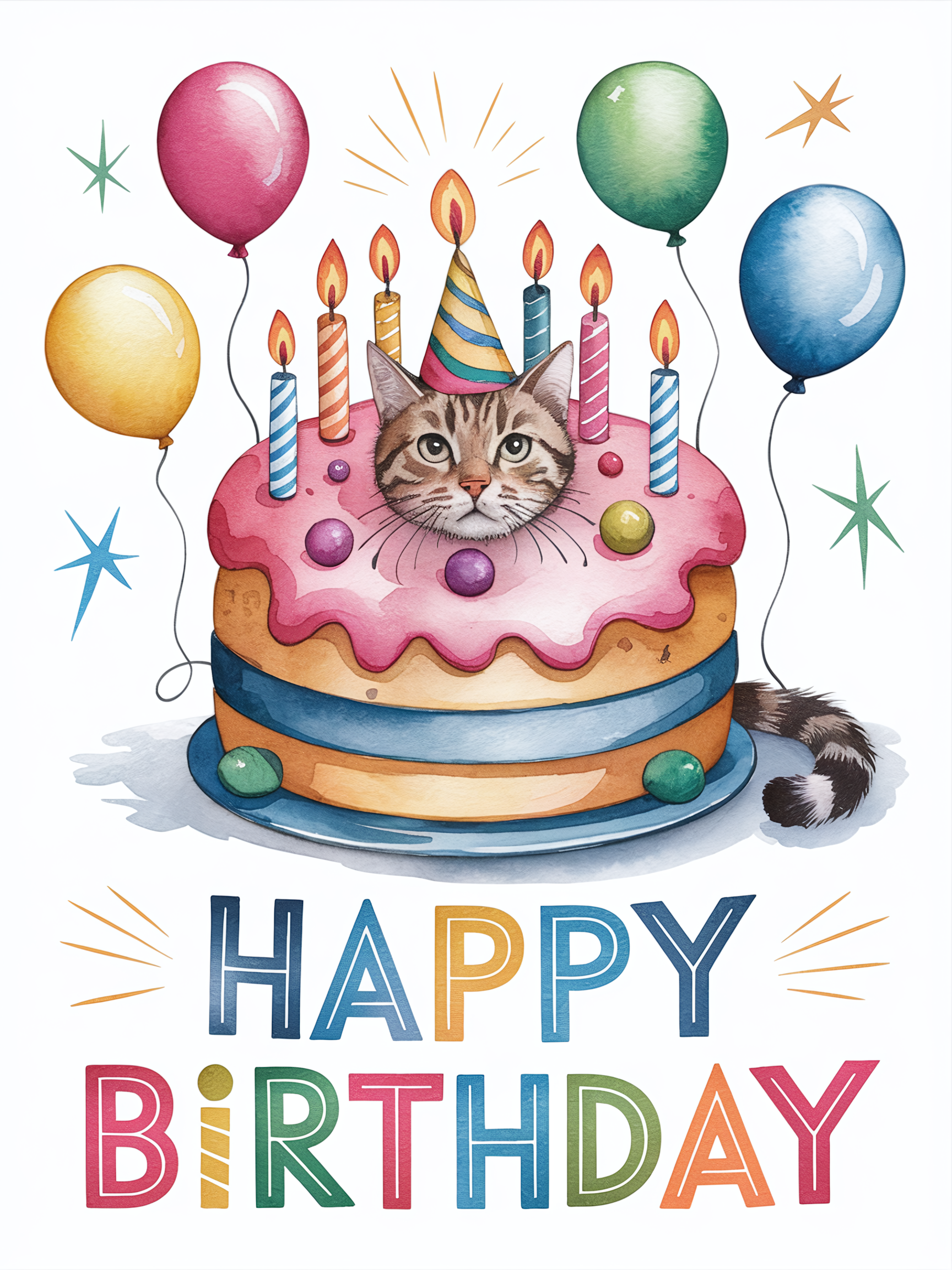 Watercolor Cat Birthday Cake Card