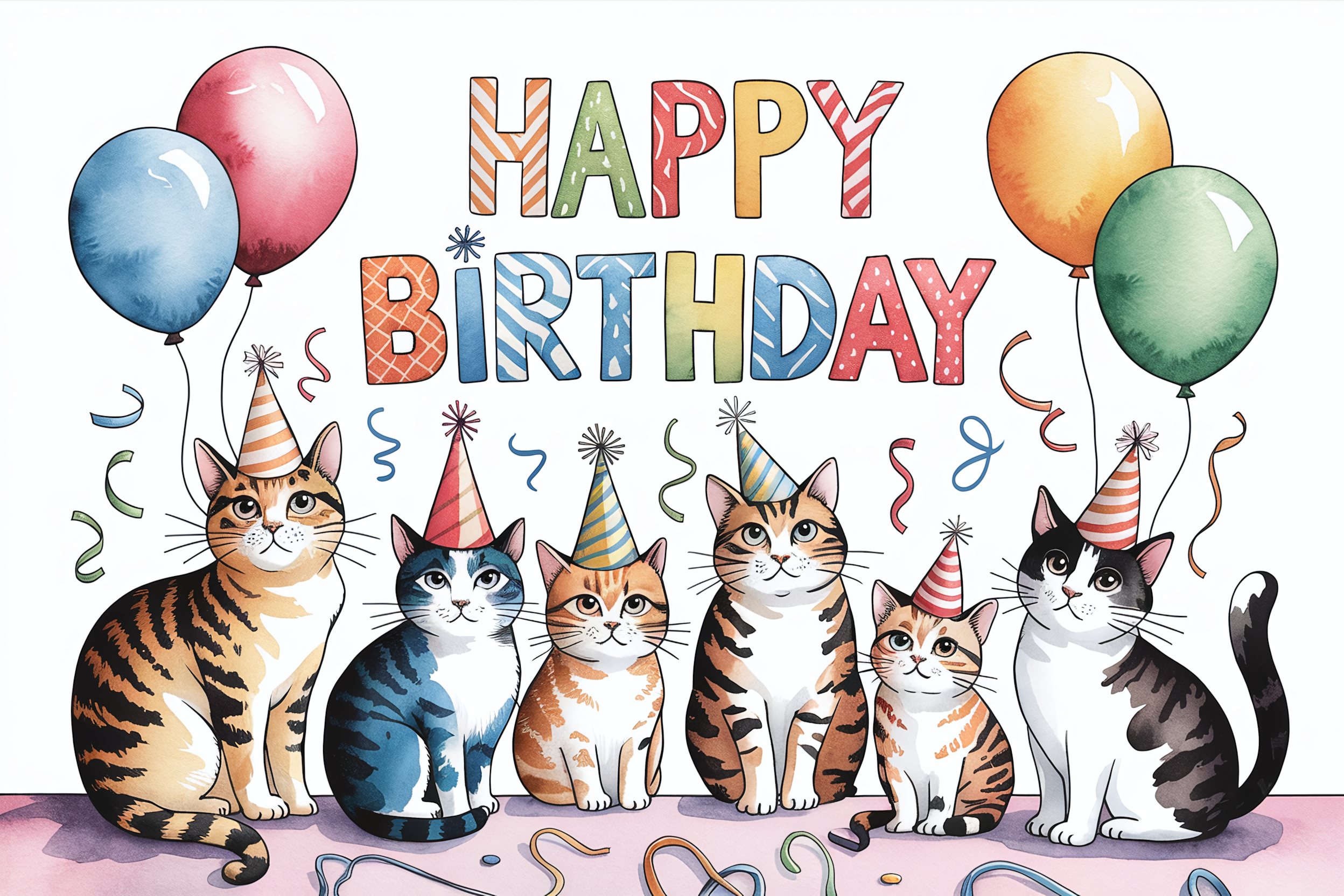 Watercolor Cat Birthday Party Card