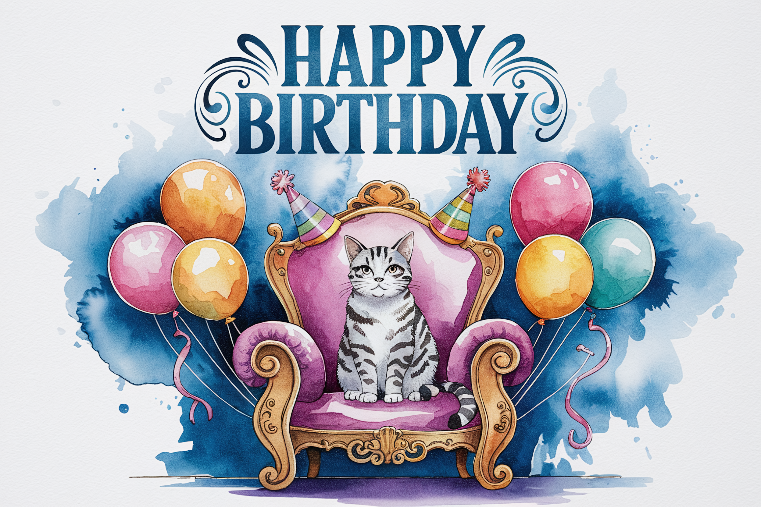 Watercolor Cat Birthday Card