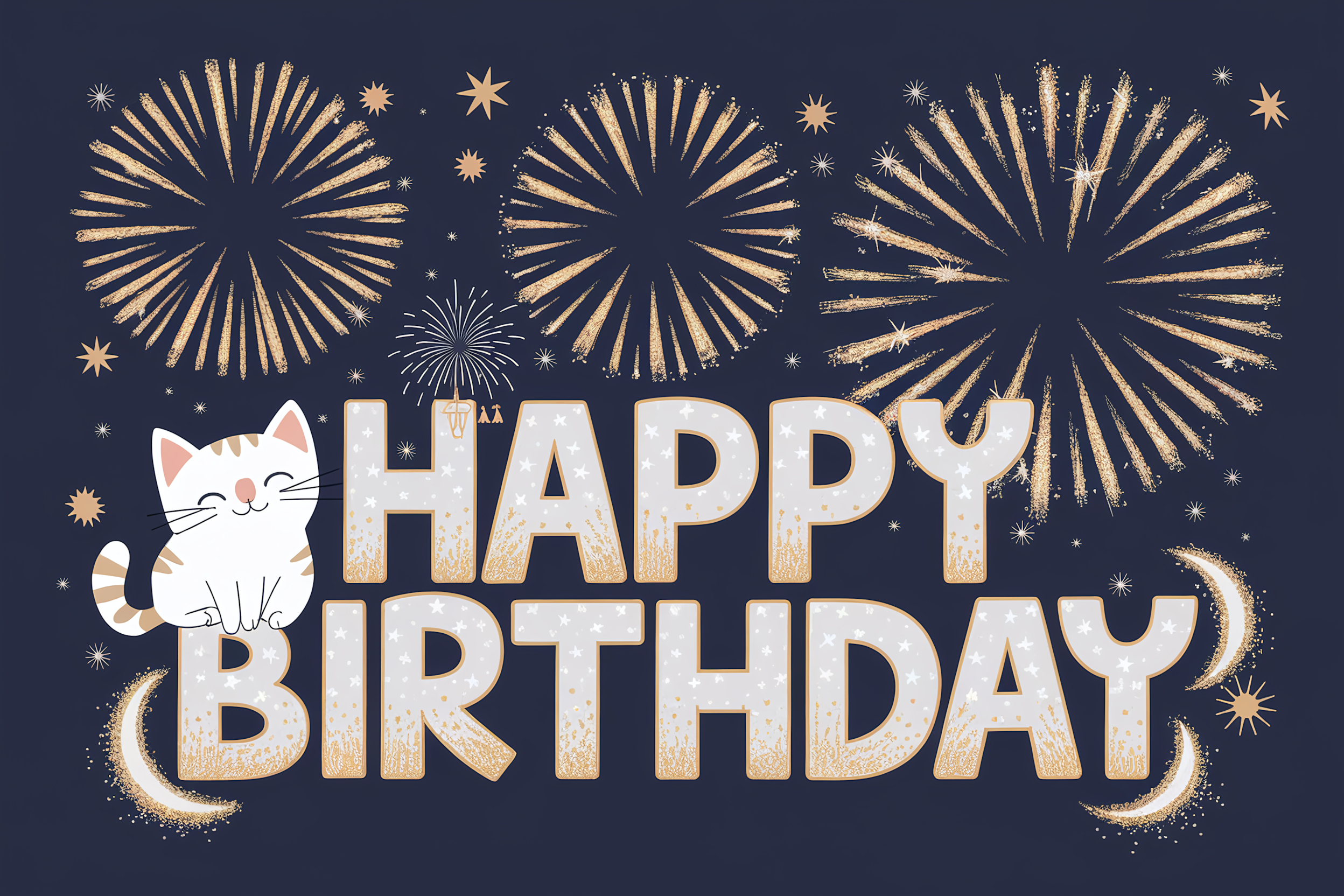 Cat with Fireworks Happy Birthday Card