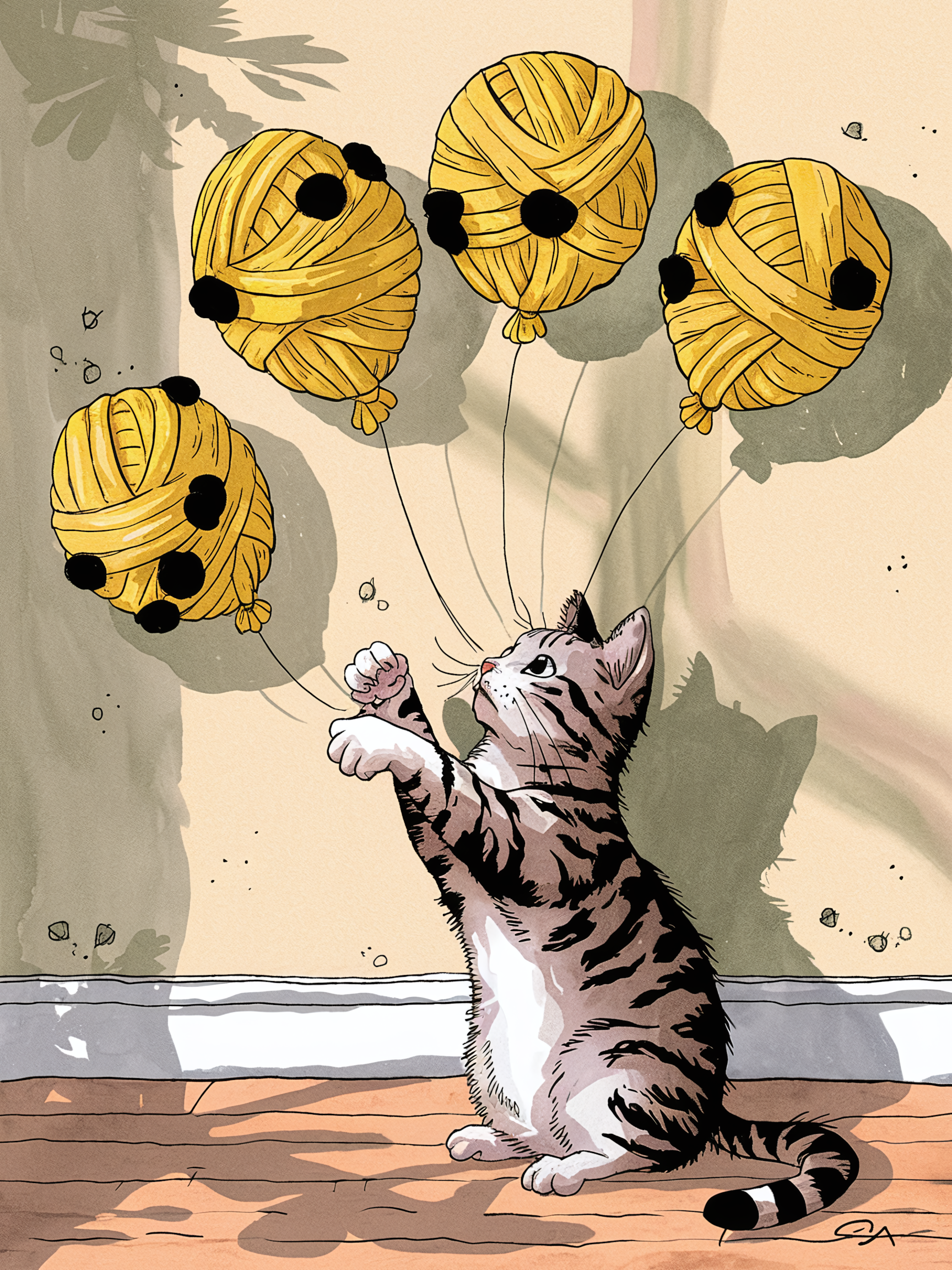 Playful Cat with Yarn Balls