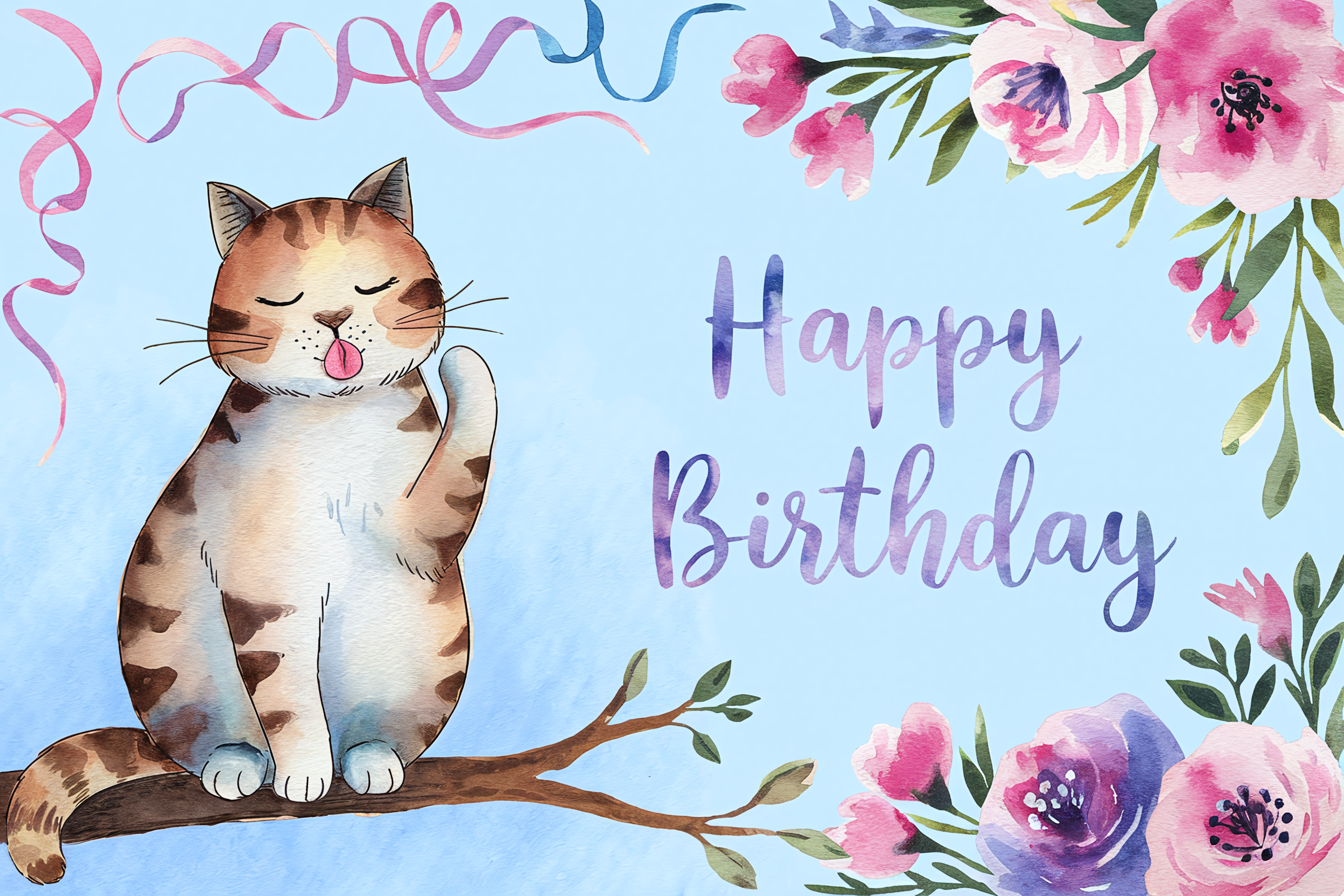 Happy Birthday Cat Watercolor Illustration