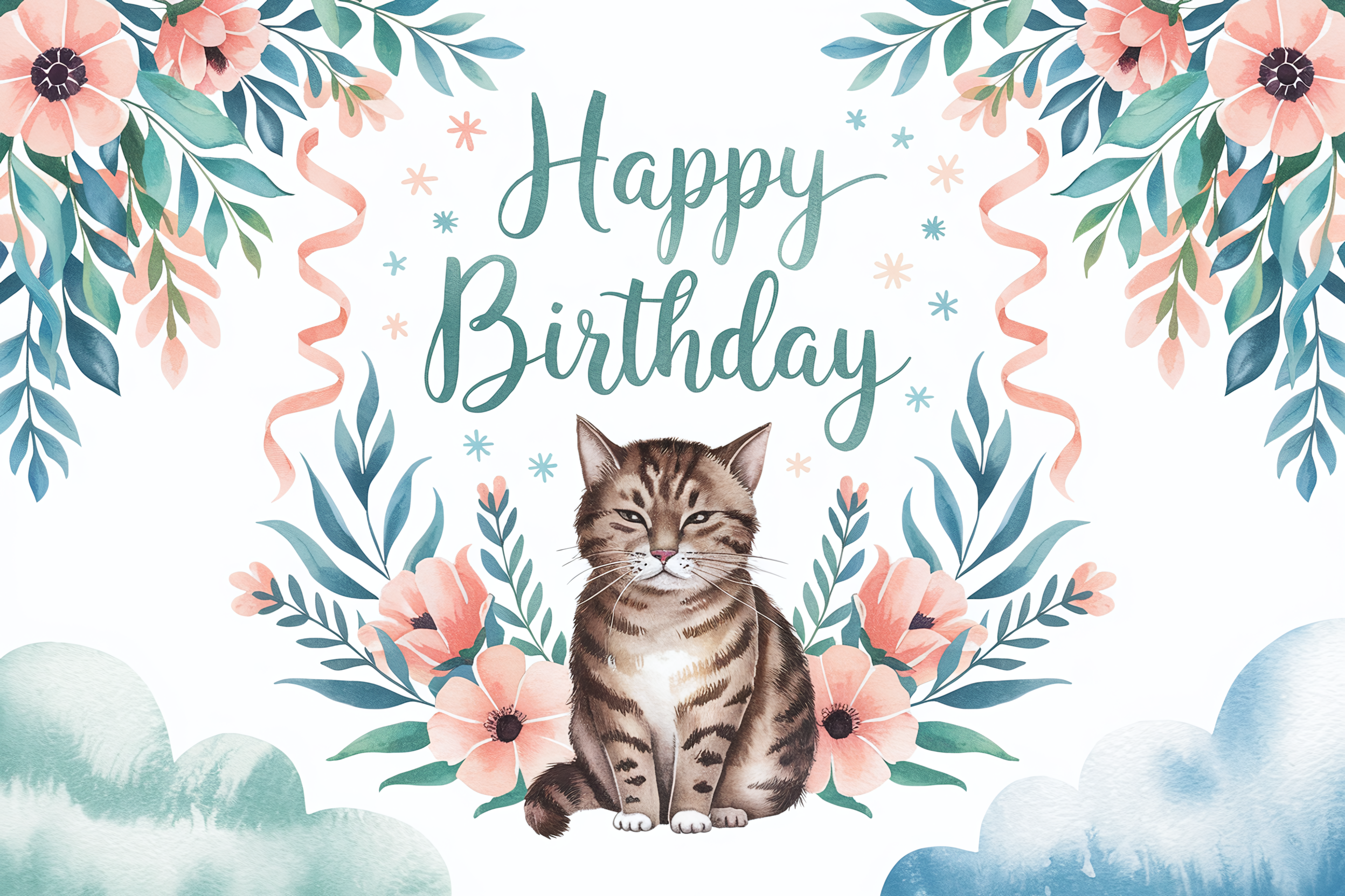 Watercolor Happy Birthday Cat Card with Floral Wreath