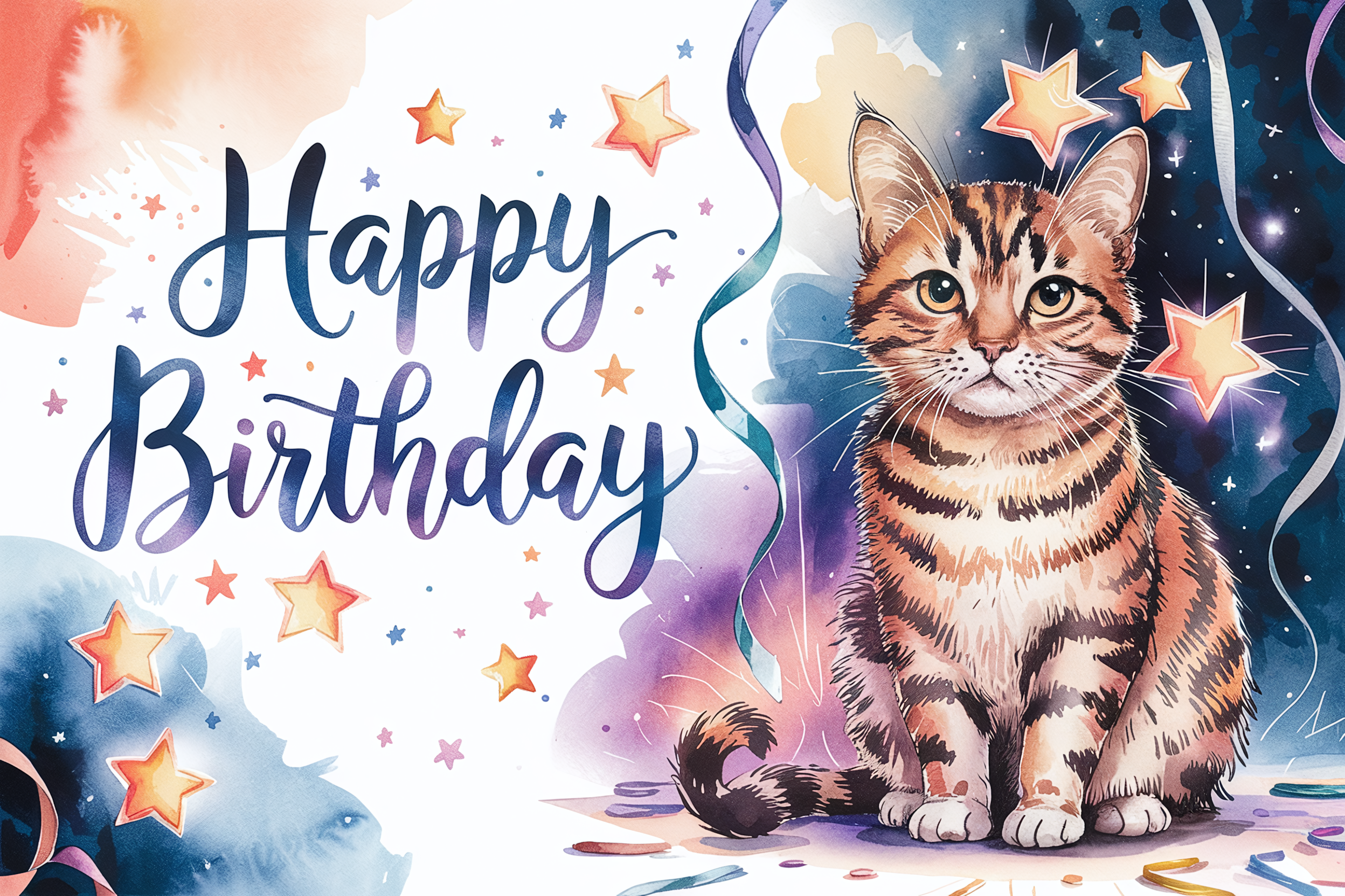 Happy Birthday Cat Watercolor