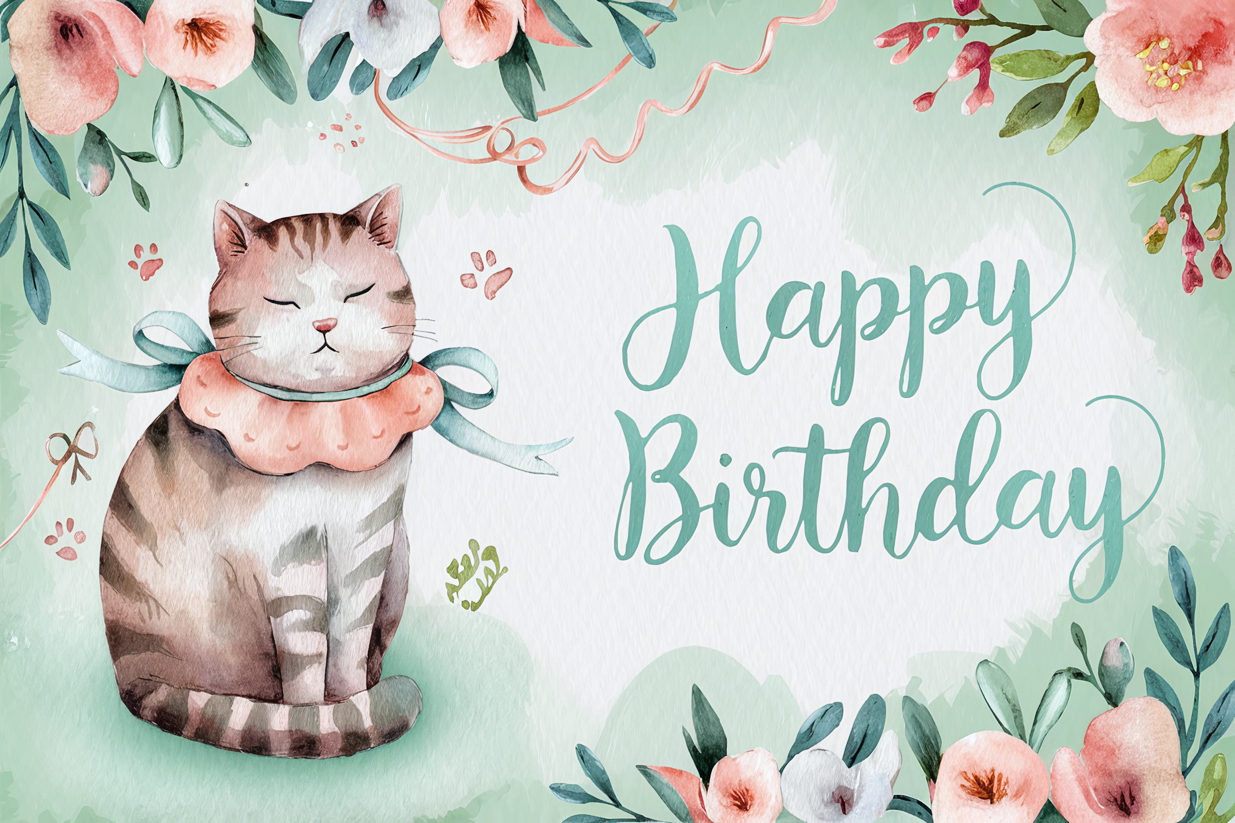 Watercolor Cat Happy Birthday Card