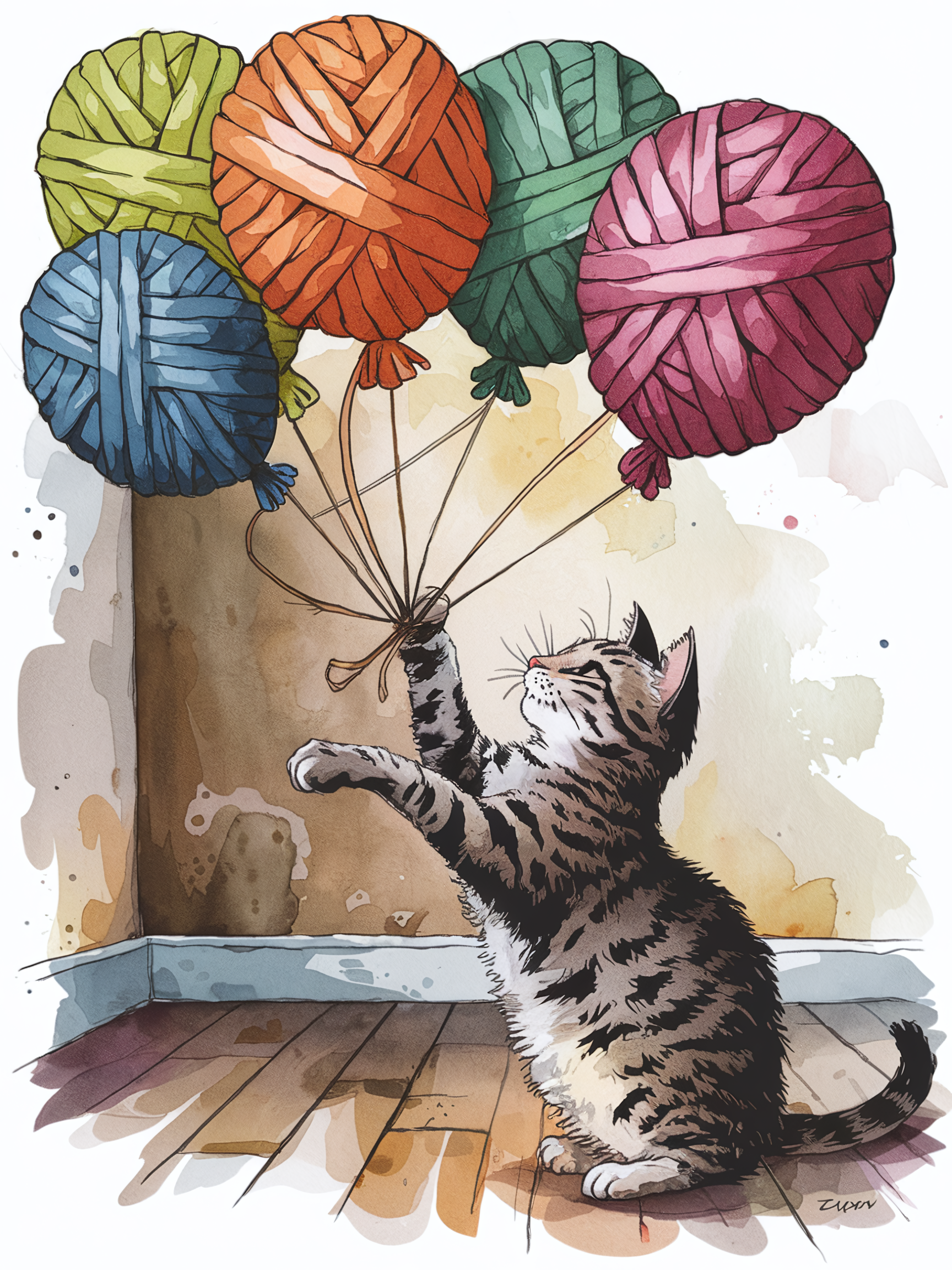 Watercolor Illustration of a Cat Playing with Yarn Balls