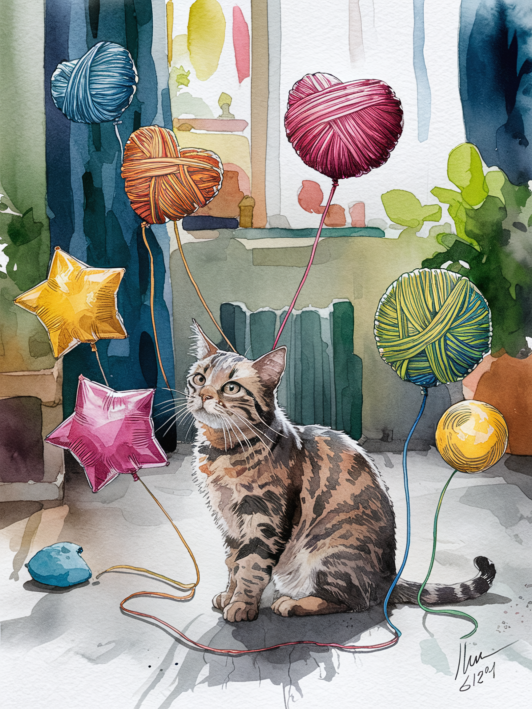 Watercolor Painting of a Cat Playing with Yarn Balloons