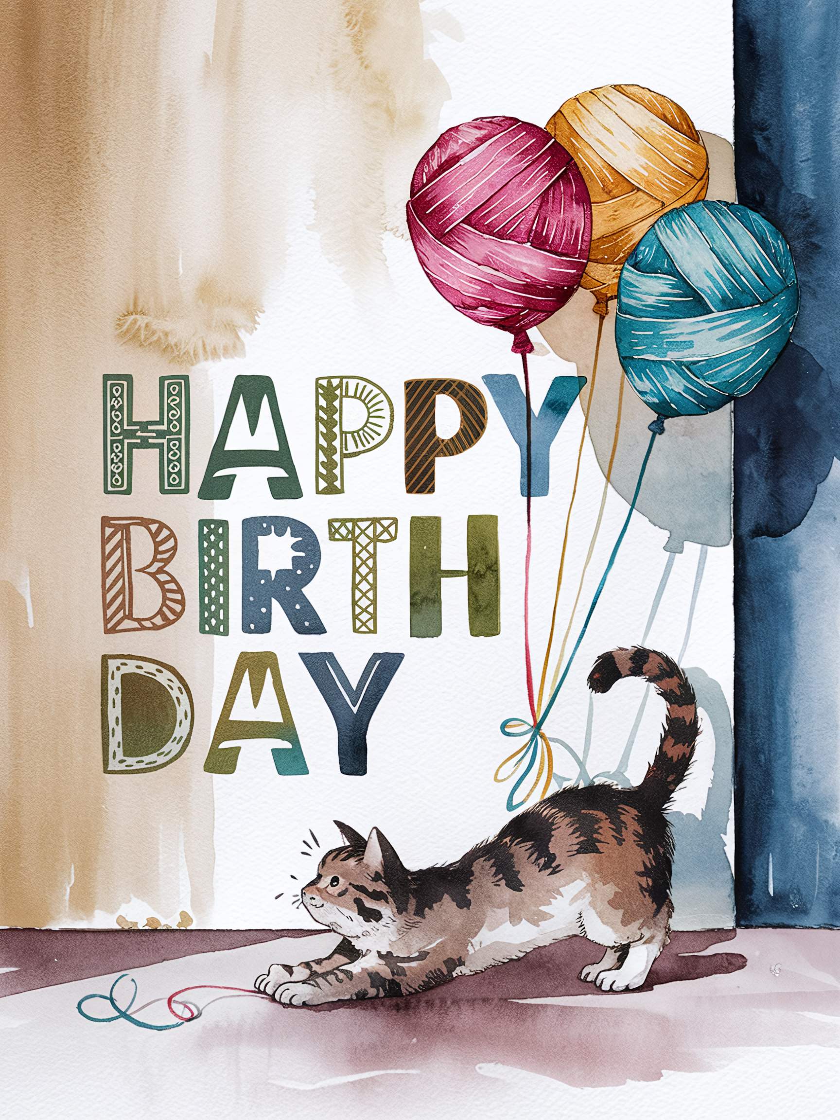 Watercolor Happy Birthday Card with Cat and Balloons