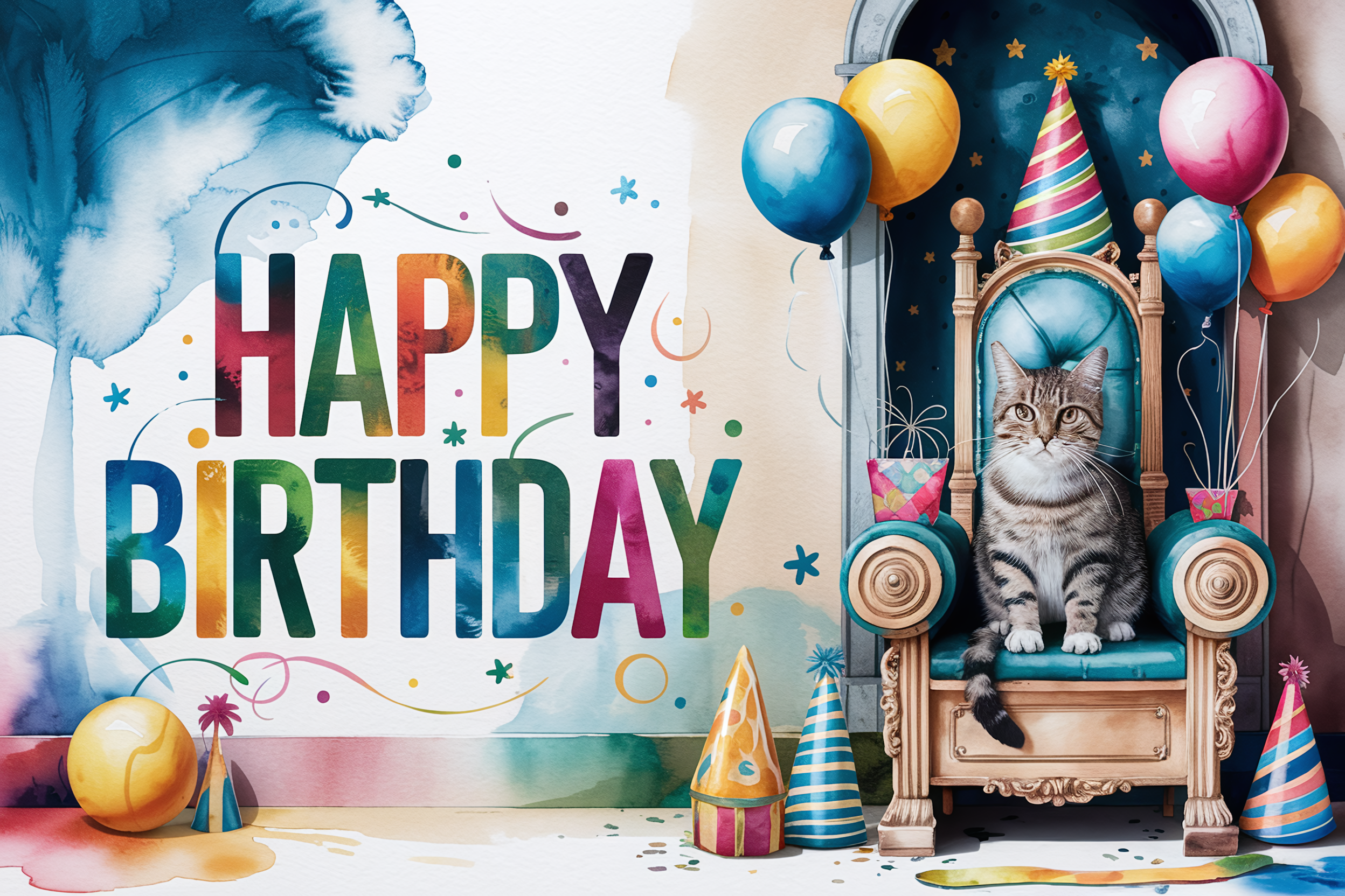 Watercolor Cat Birthday