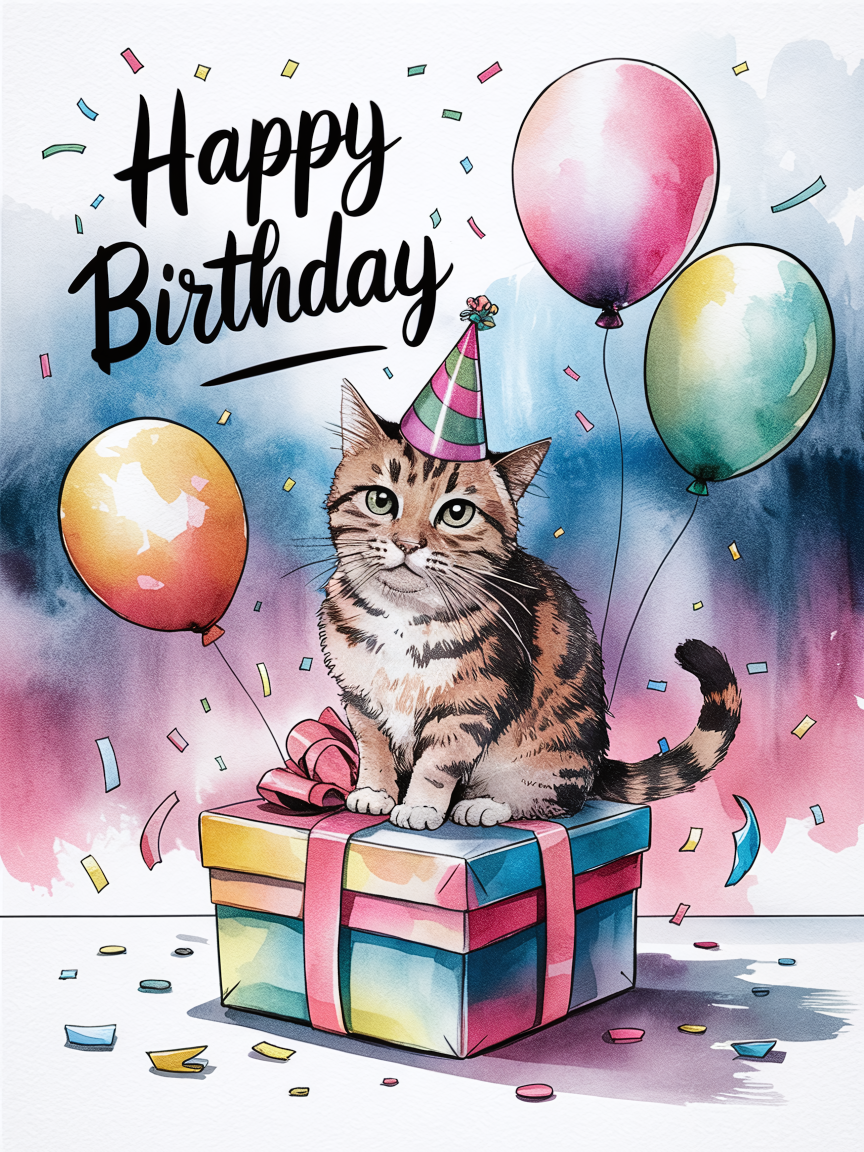 Watercolor Happy Birthday Cat