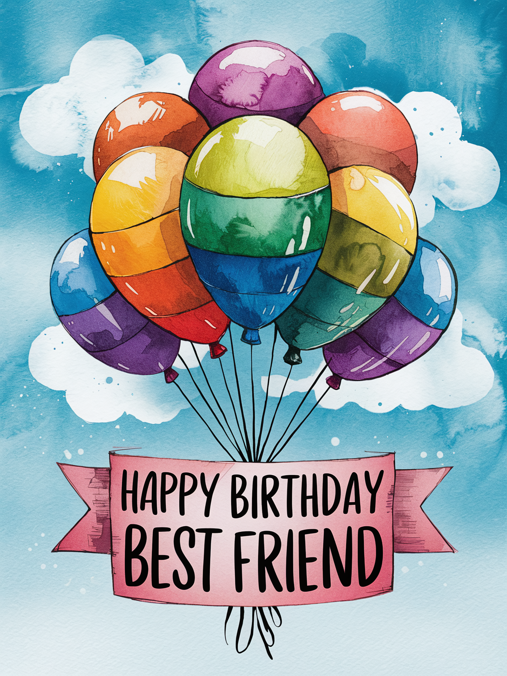 Happy Birthday Best Friend Watercolor Illustration