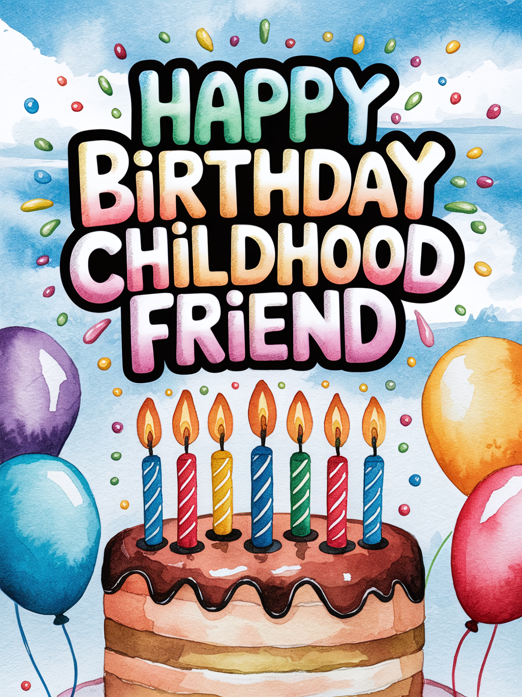 Watercolor Birthday Cake With Balloons For Childhood Friend