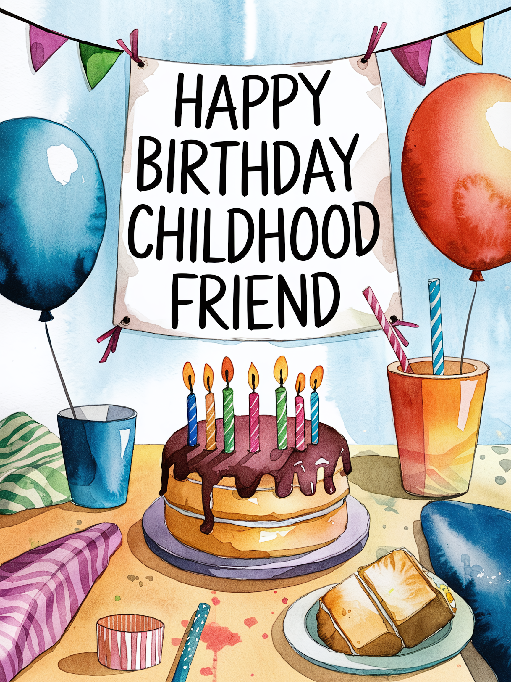 Happy Birthday Childhood Friend Watercolor Illustration