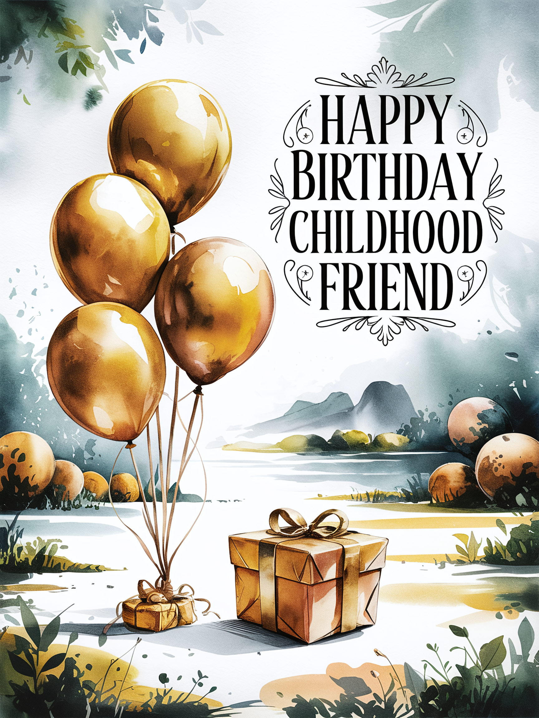 Watercolor Birthday Card with Gift and Balloons