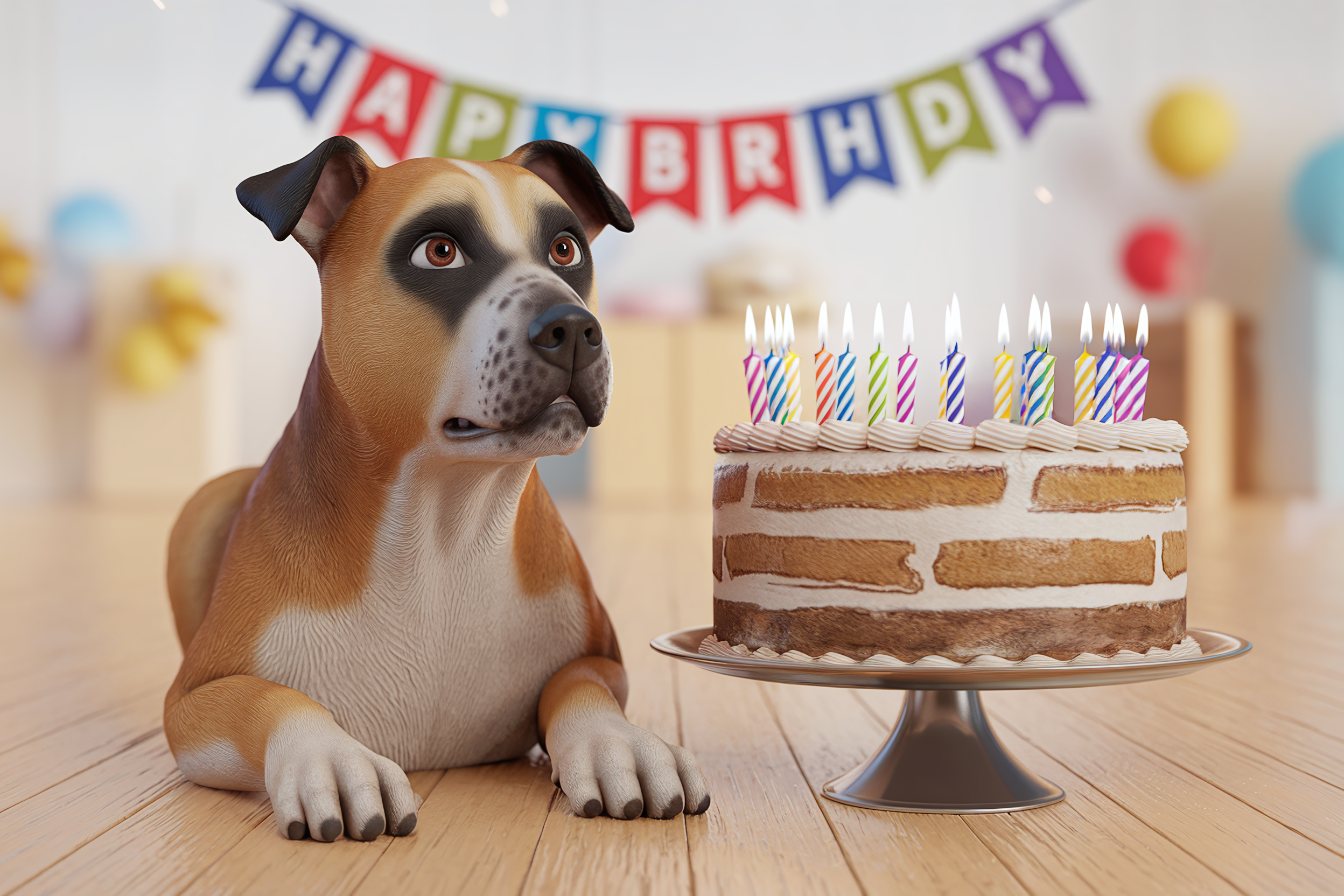3D Dog Looking at Birthday Cake