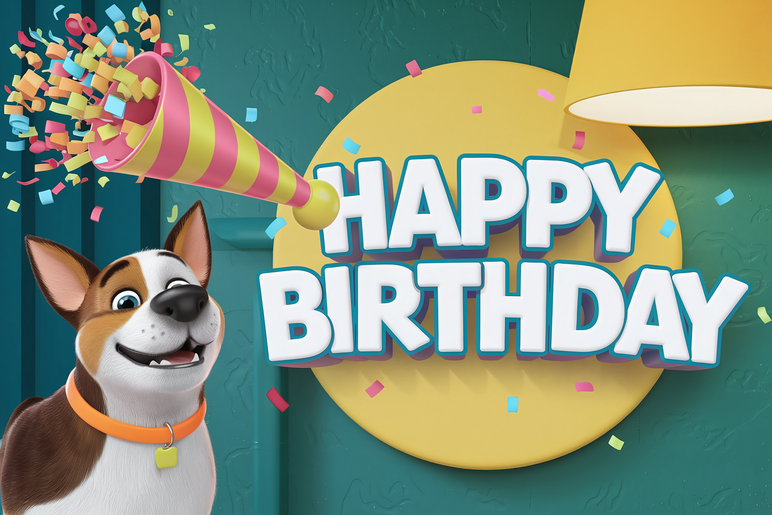 Happy Birthday with Dog and Confetti