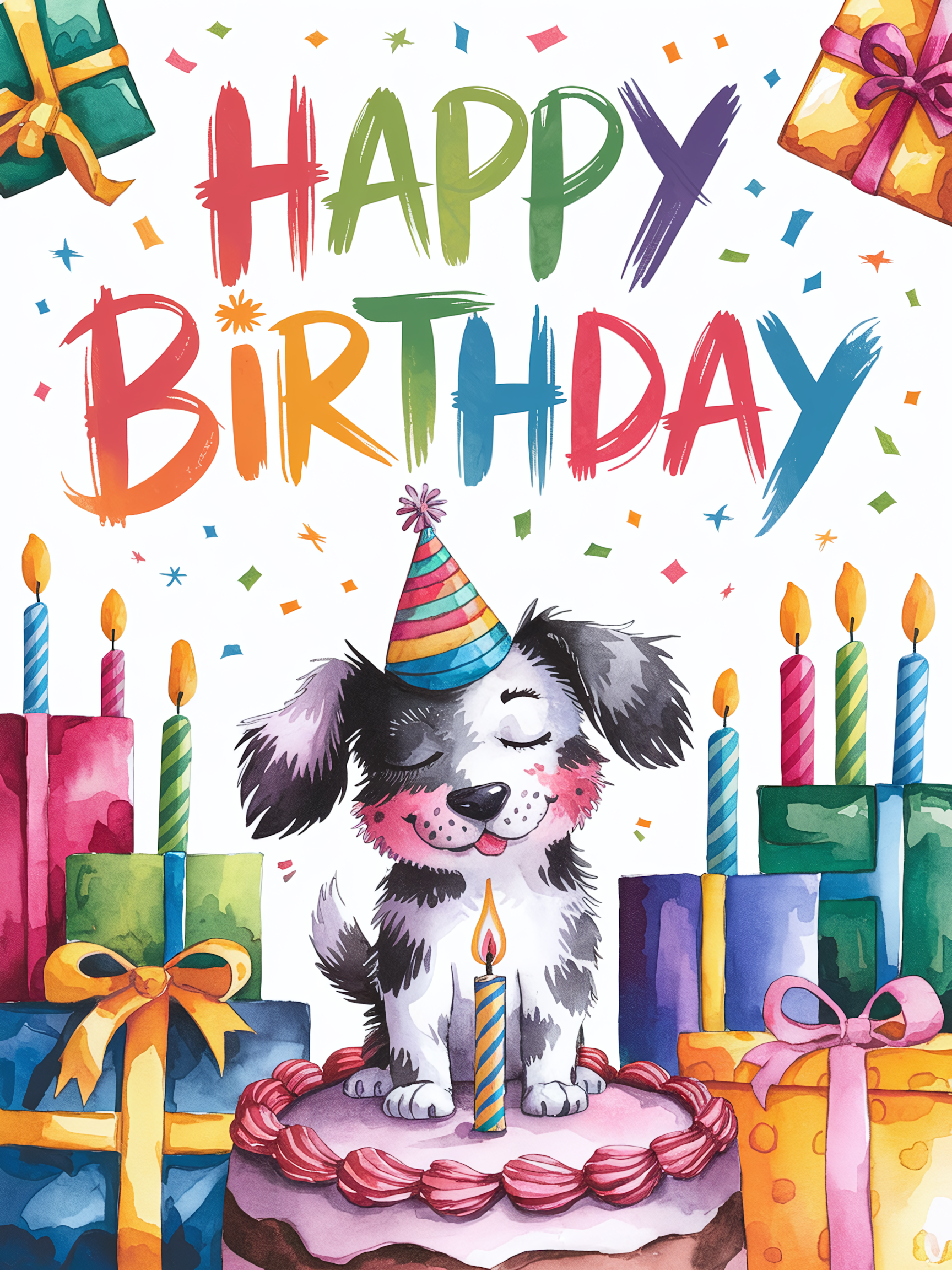 Watercolor Happy Birthday Dog with Cake