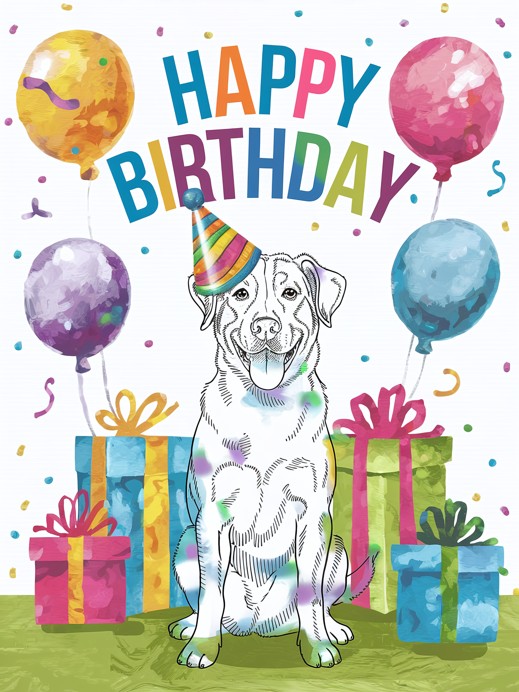 Happy Birthday Dog Card with Presents and Balloons