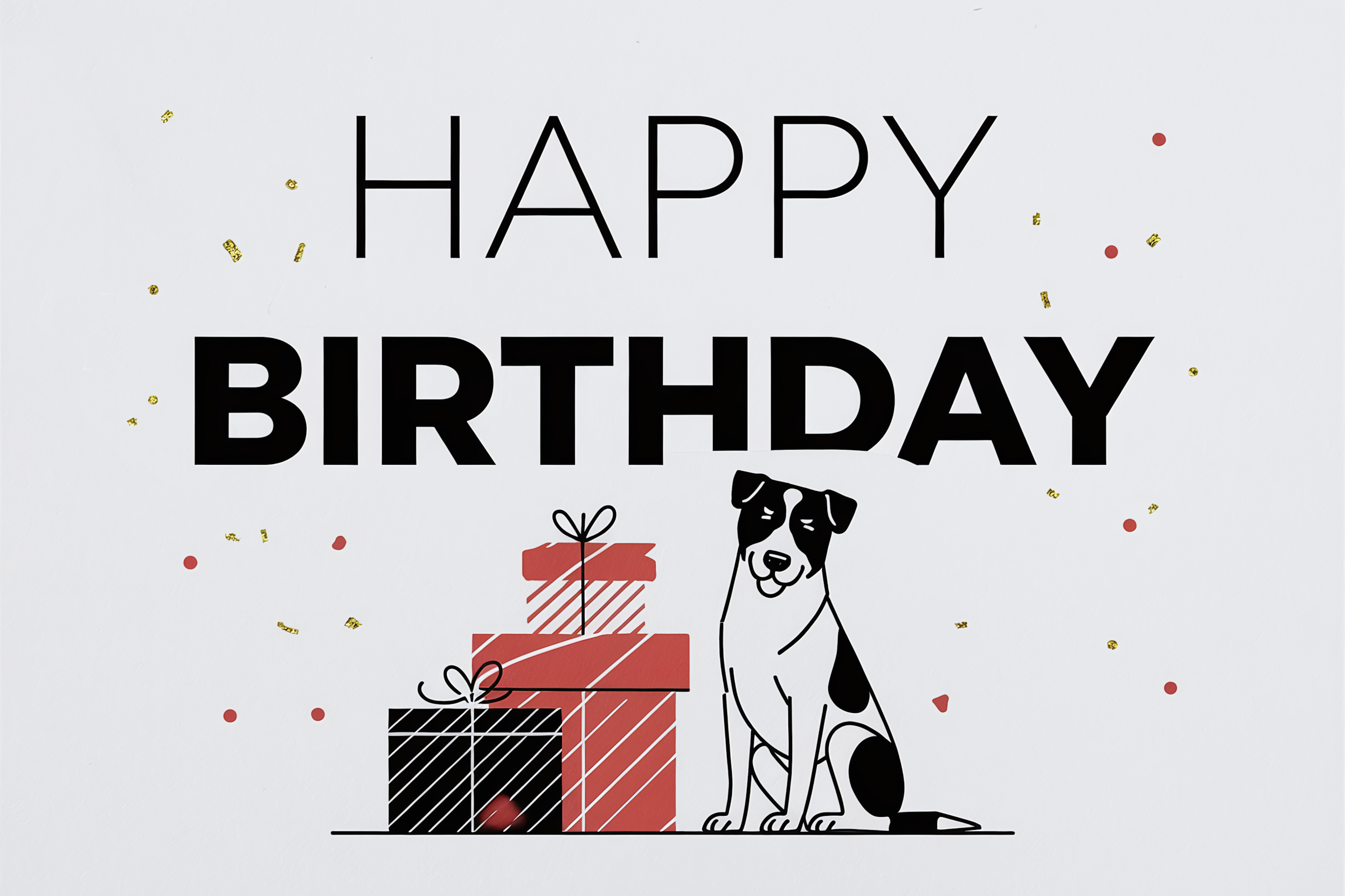 Minimalist Happy Birthday Card with Dog and Presents