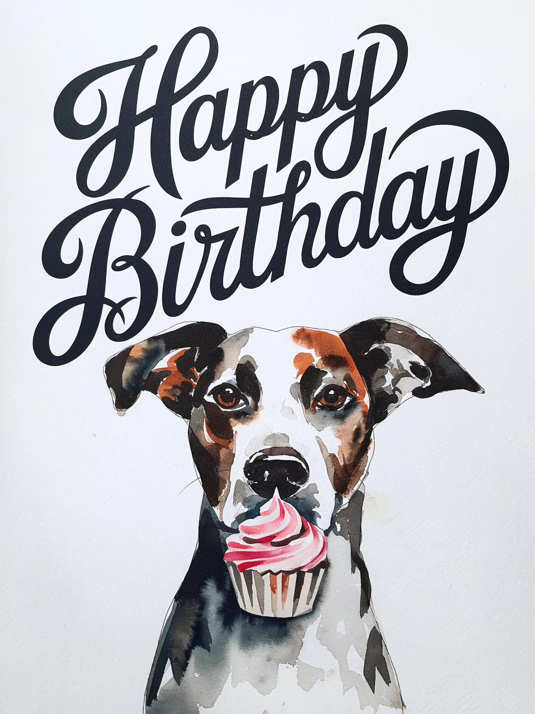 Watercolor Birthday Card with Dog and Cupcake