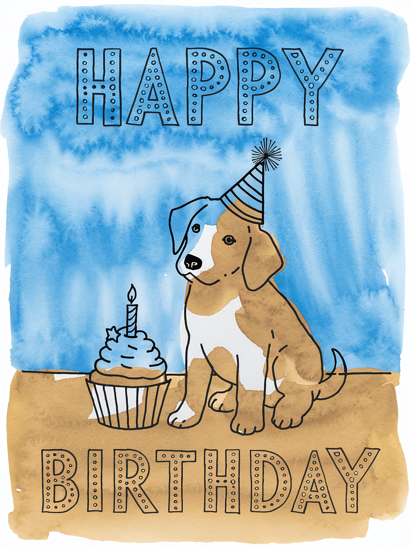 Watercolor Happy Birthday Dog with Cupcake